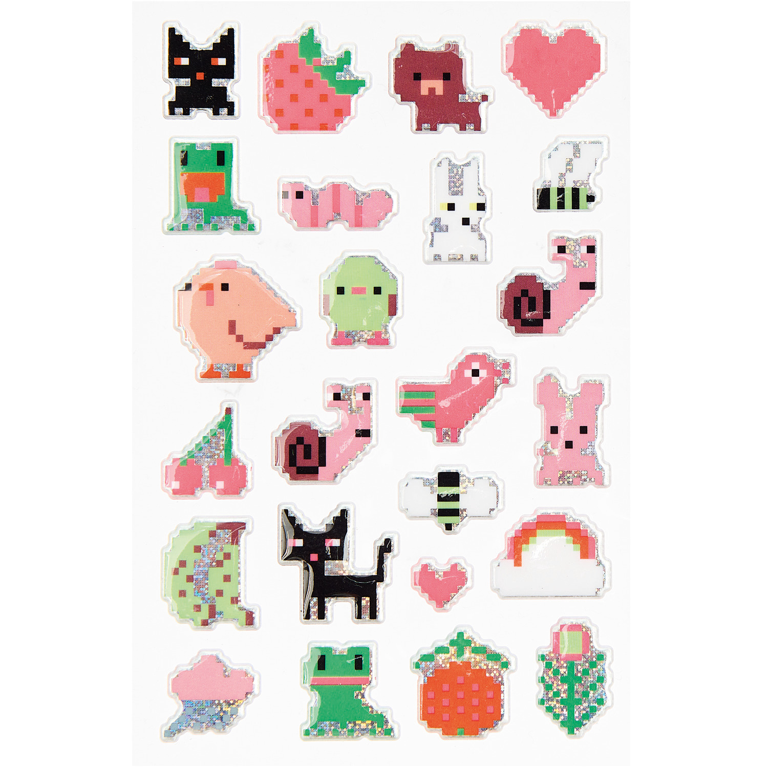 Paper Poetry Puffy Sticker Pixel, 1 Blatt mit bunten Pixelmotiven wie Tieren und Herzen. Ideal für kreative Bastelprojekte und Dekorationen.