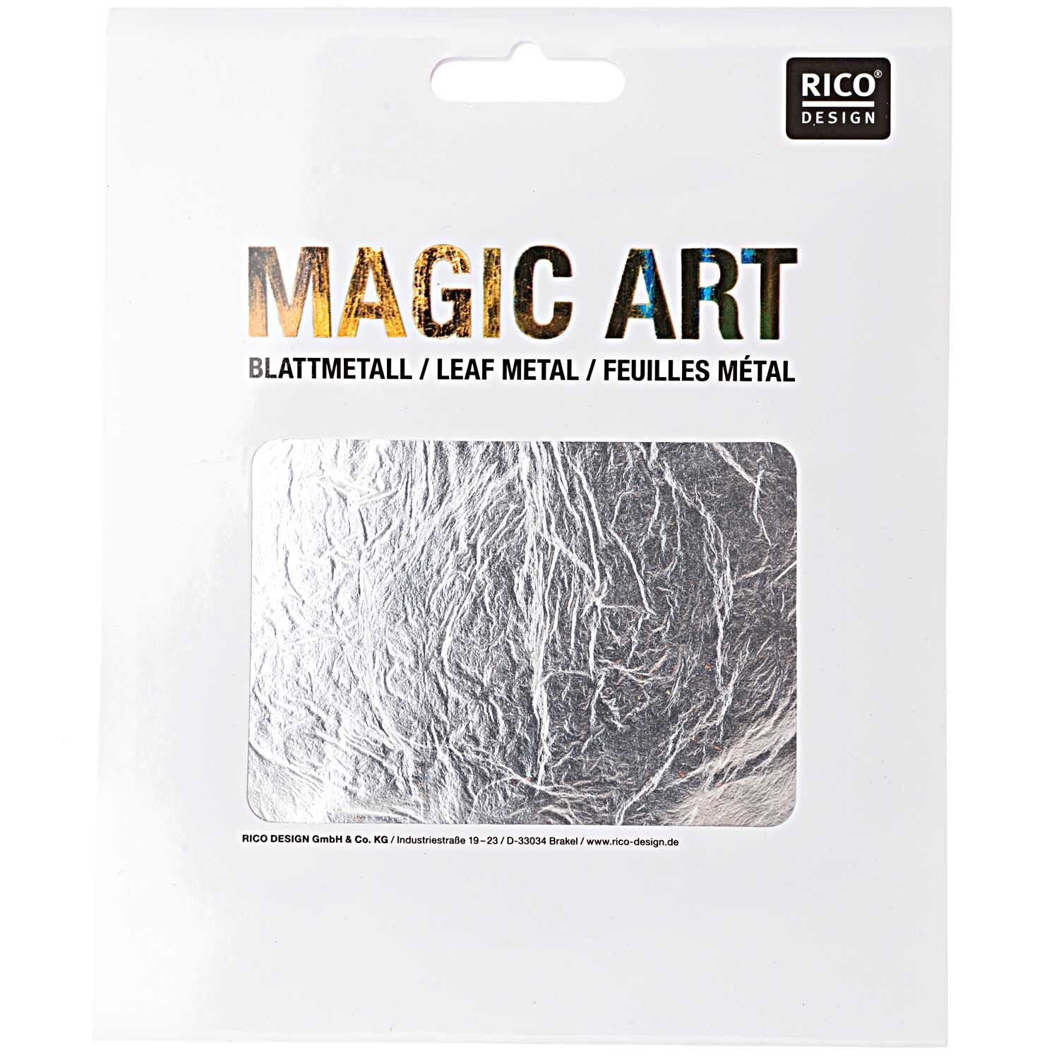 Magic Art Blattmetall 6 Blatt Farbe Silber von Rico Design Magic Art Blattmetall 6 Blatt von Rico Design in Silber, präsentiert in einer eleganten Verpackung.