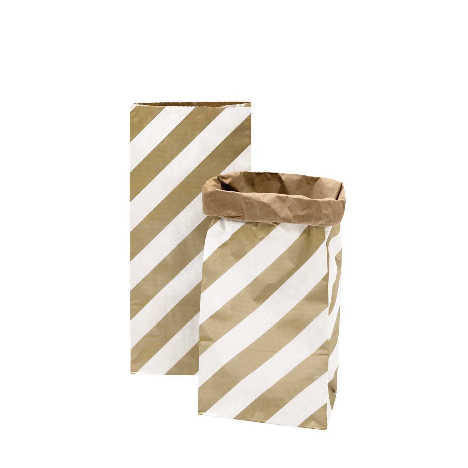 Paper Poetry Maxi-Blockbodenbeutel M Streifen, 51x23x13,5cm, 2 Stück, weiß-braun-gold, ideal für stilvolle Geschenkverpackungen.