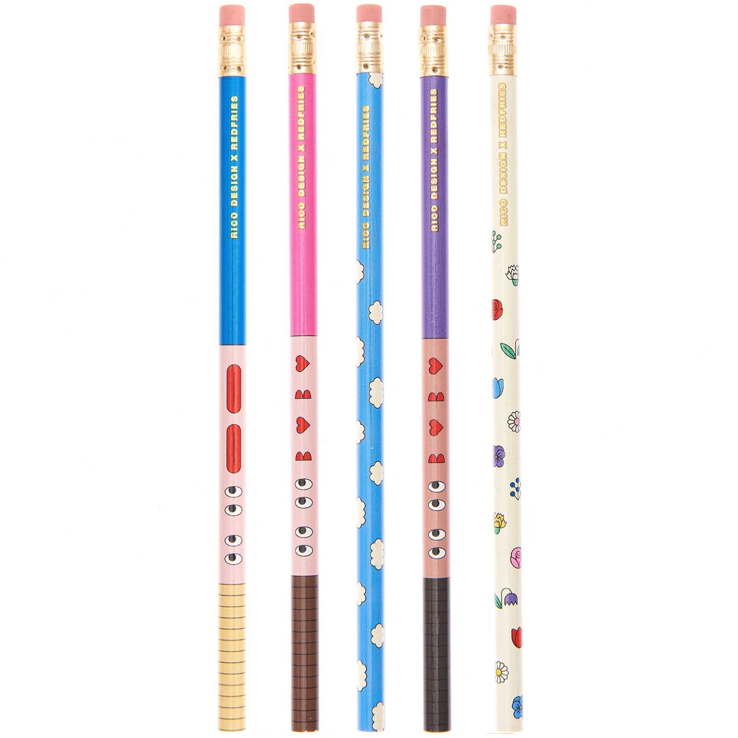 Rico Design x Redfries Bleistifte Eye Candy 5er-Set mit bunten Designs und lustigen Motiven. Ideal für kreative Köpfe und farbenfrohes Schreiben.