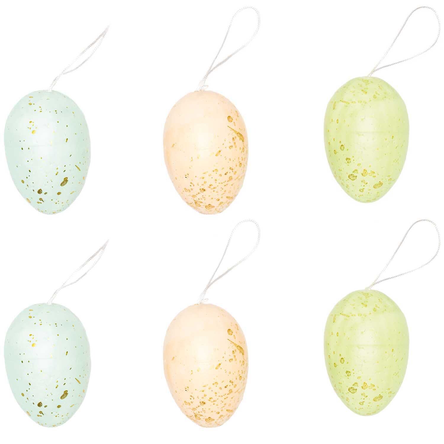 Eier zum Hängen pastell-gold Mix 6cm 6 Stück von Rico Design. Sechs pastellfarbene Eier mit goldenen Sprenkeln und Aufhängeschlaufen.