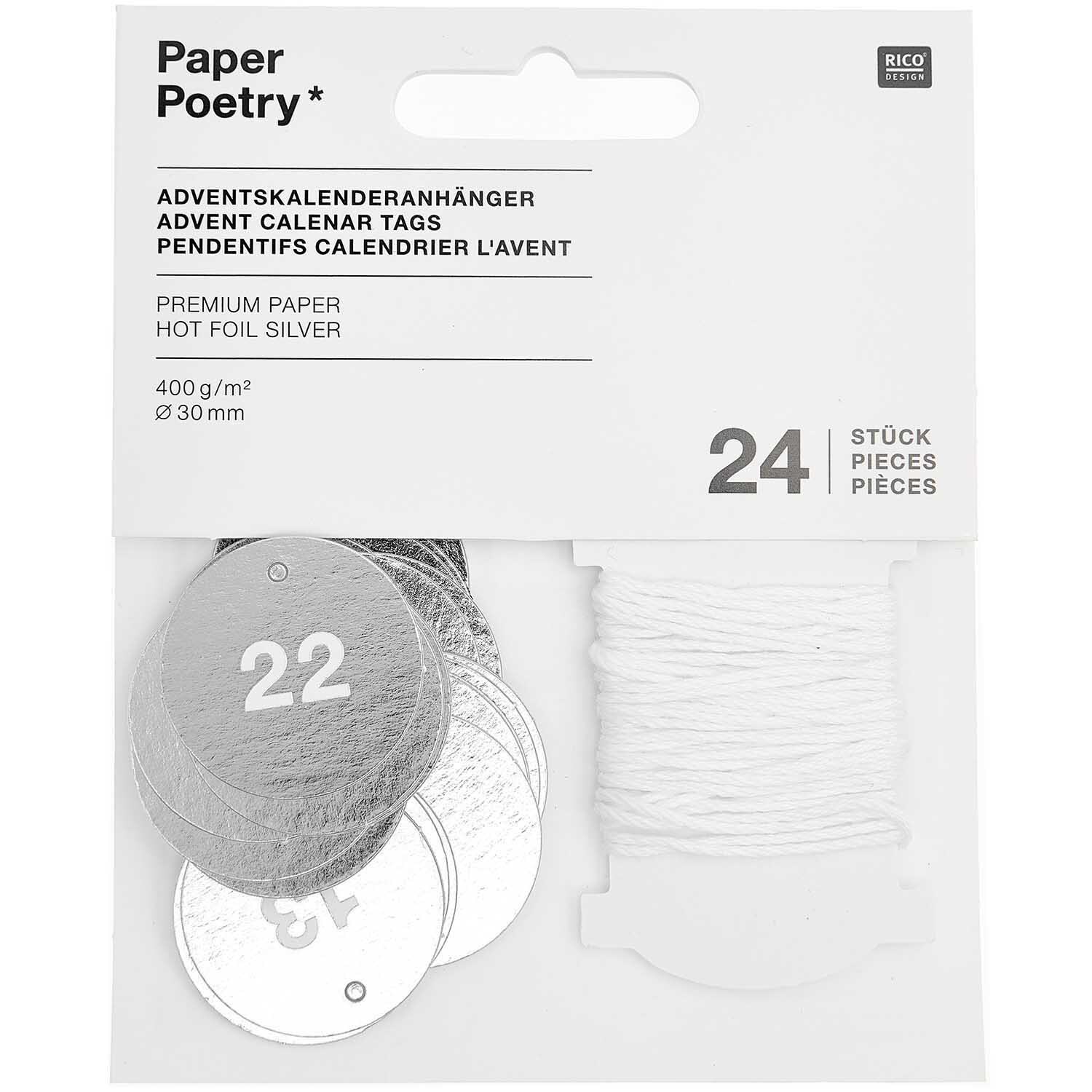 Paper Poetry Adventskalenderanhänger in Silber, 24 Stück, mit Zahlen und Schnur, ideal für kreative Adventskalenderprojekte.