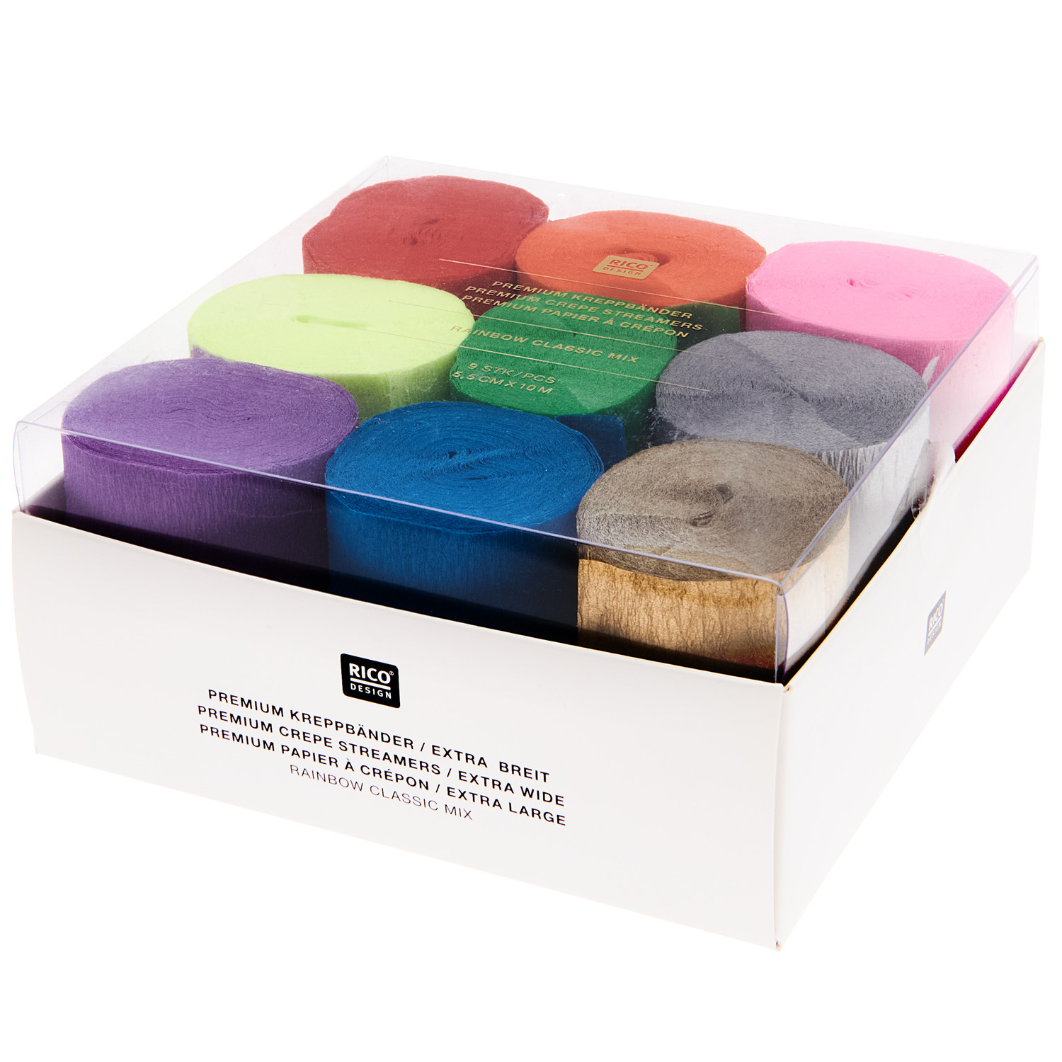 Kreppbänder extra breit Regenbogen Klassik Mix 5,5cmx10m 9 Stück von Rico Design
