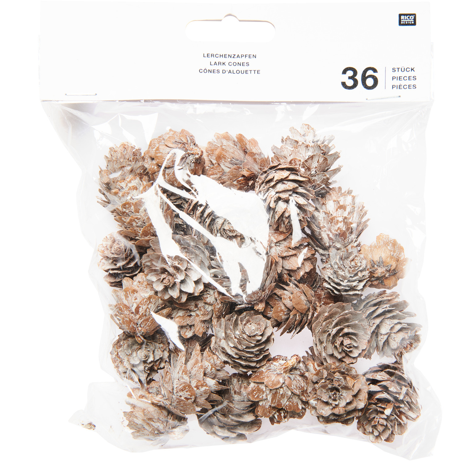 Lärchenzapfen 36 Stück Farbe Weiß von Rico Design Lärchenzapfen von Rico Design, 36 Stück in einer transparenten Verpackung, ideal für Dekorationen.