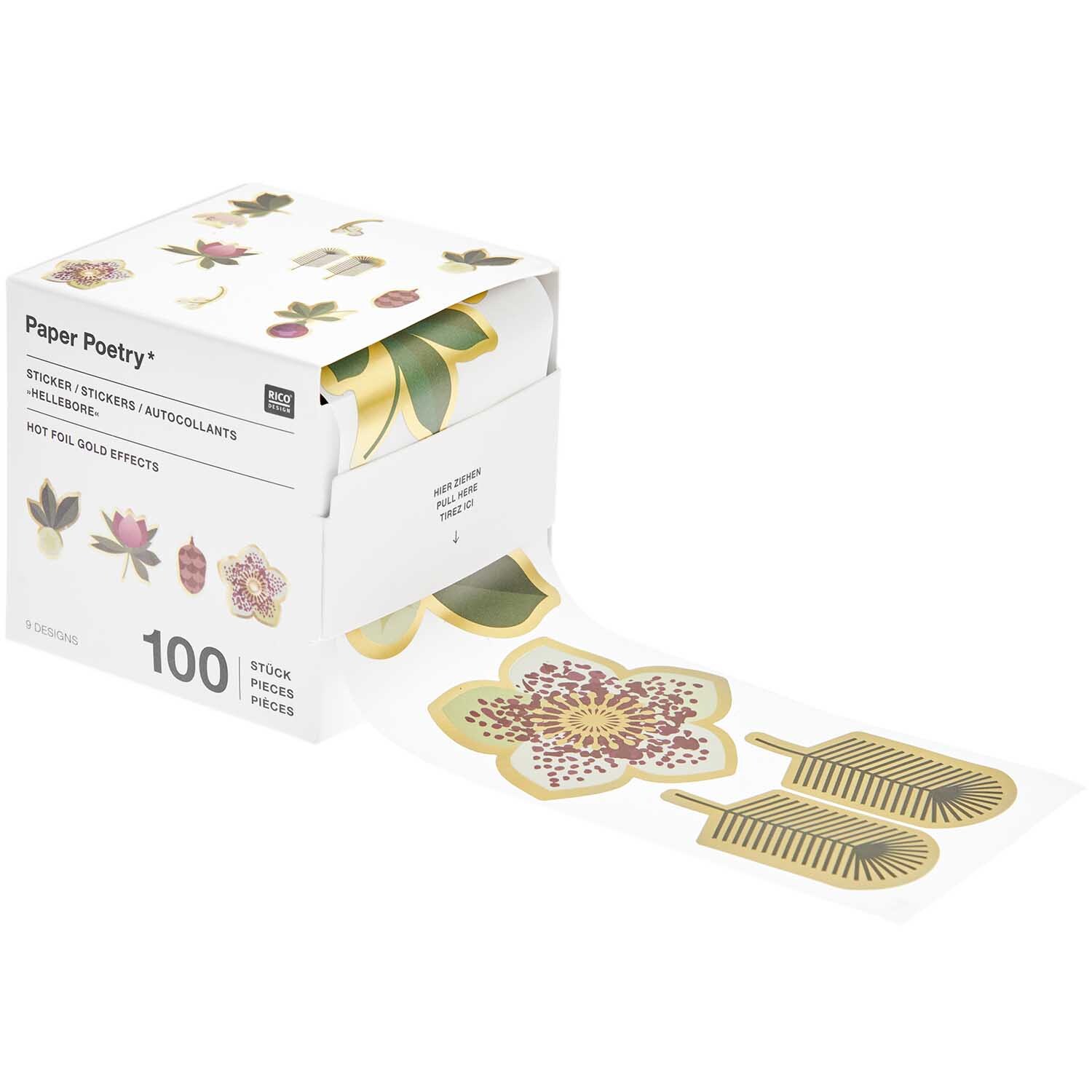 Paper Poetry Sticker Christmas Rocks! Helleborus auf Rolle, 100 Stück, zeigt florale Motive in sanften Farben, ideal für kreative Dekorationen.