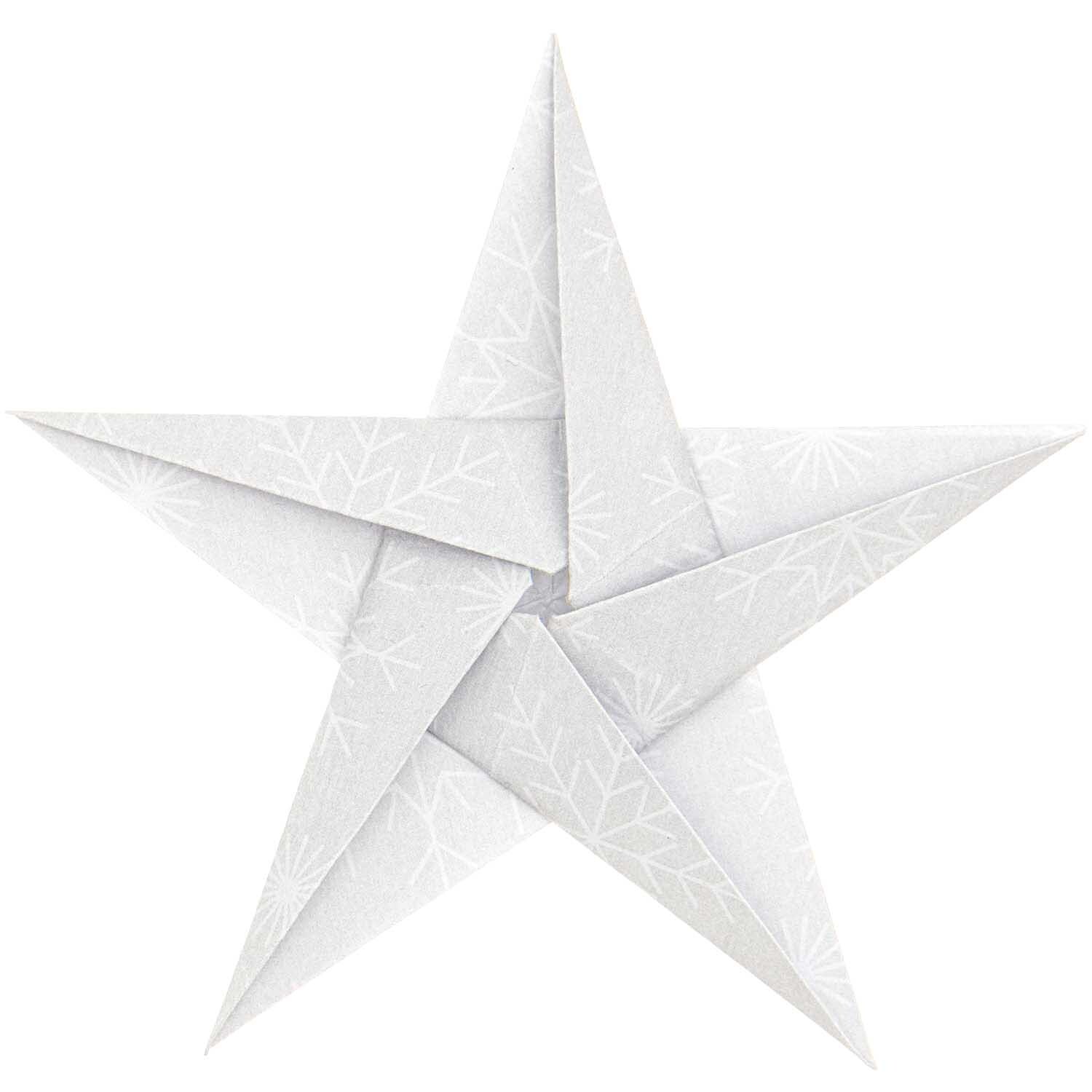 Paper Poetry Bascetta Origamipapier zeigt einen kunstvoll gefalteten weißen Stern mit Schneeflockenmuster. Ideal für kreative Bastelprojekte.