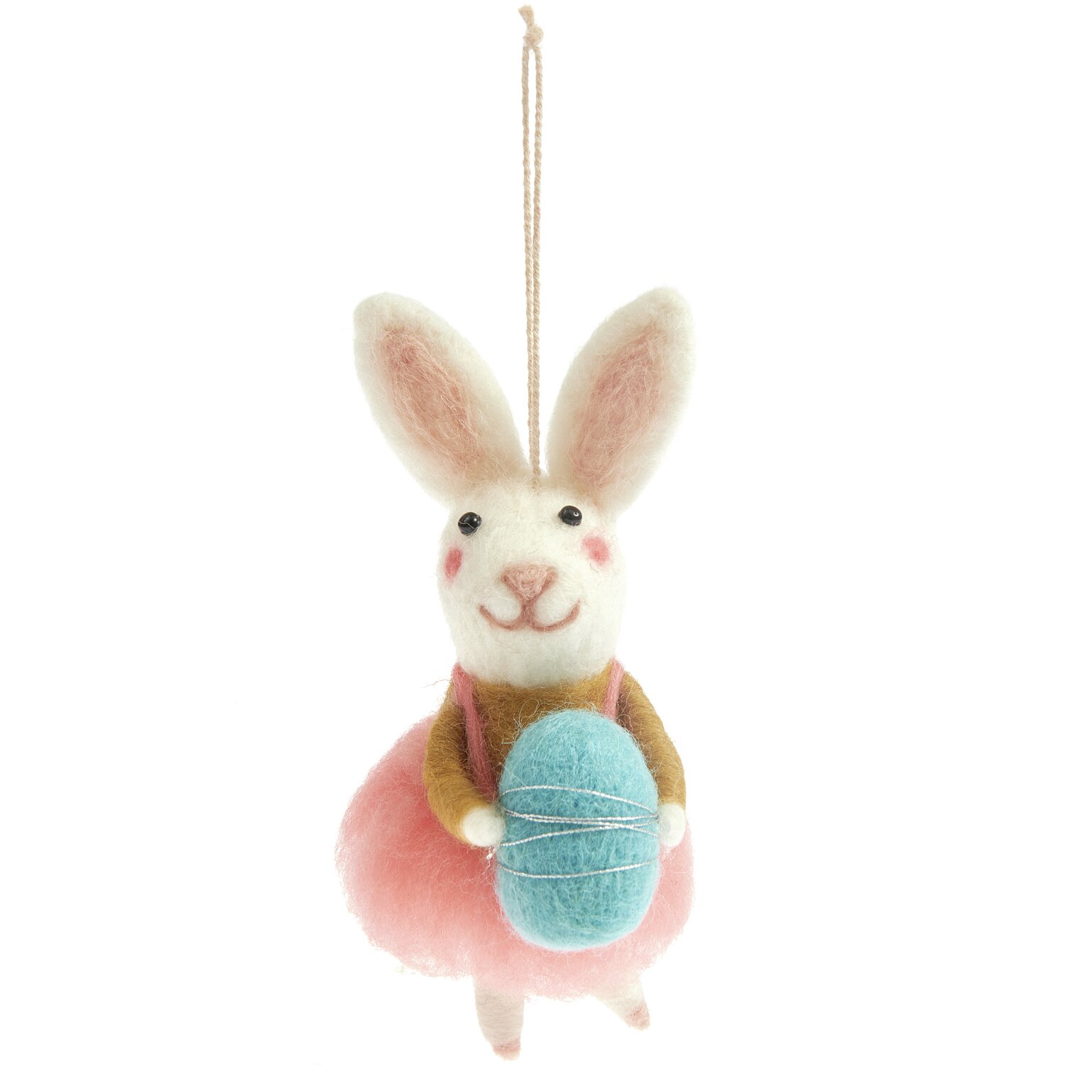 Aufhänger Filz-Hase mit Osterei von Rico Design zeigt einen Hasen mit blauem Ei und rosa Kleid.