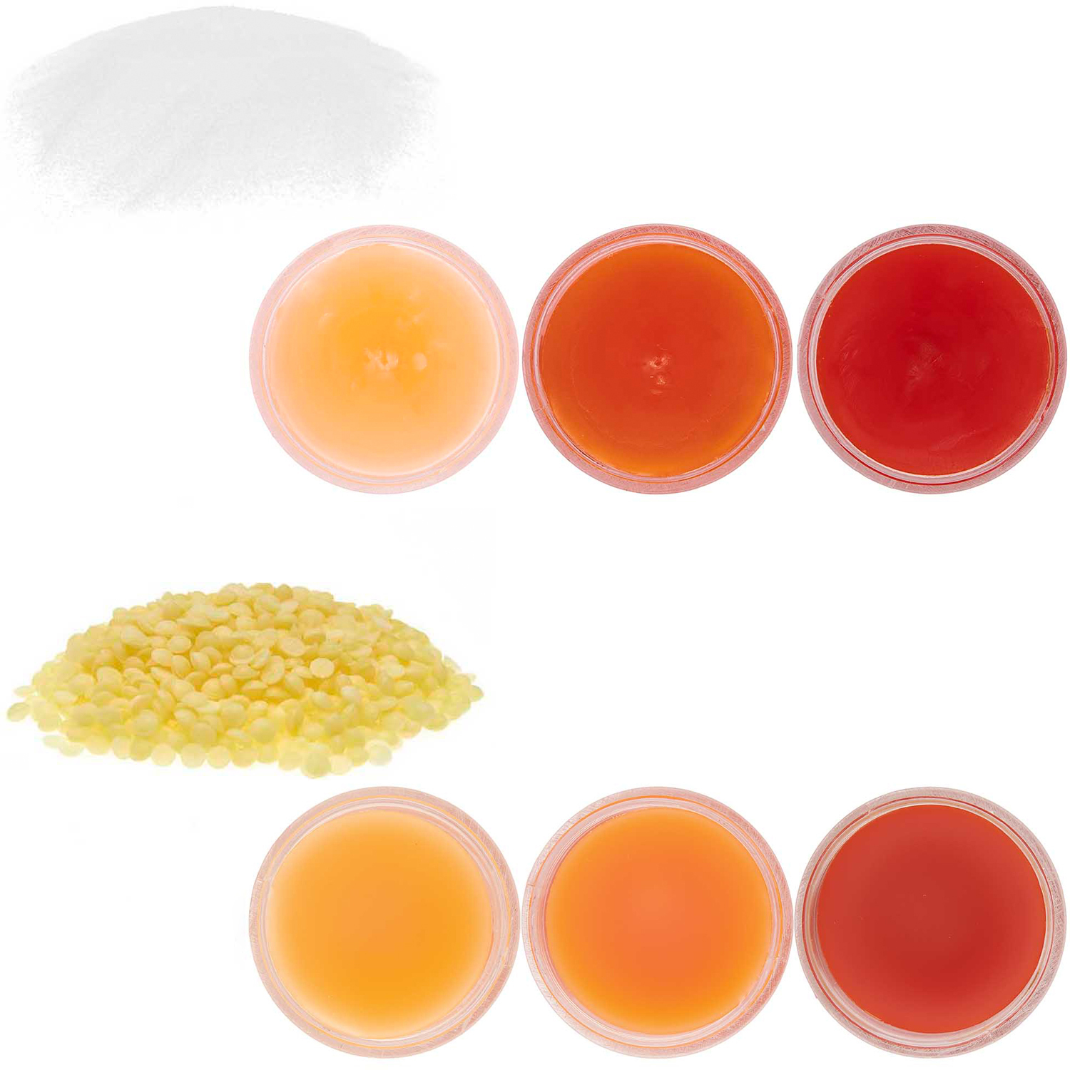 Kerzenfarbe 5g Farbe Orangerot von Rico Design Kerzenfarbe 5g: Drei Tiegel mit orangeroter Farbe von Rico Design, umgeben von Wachsgranulat.