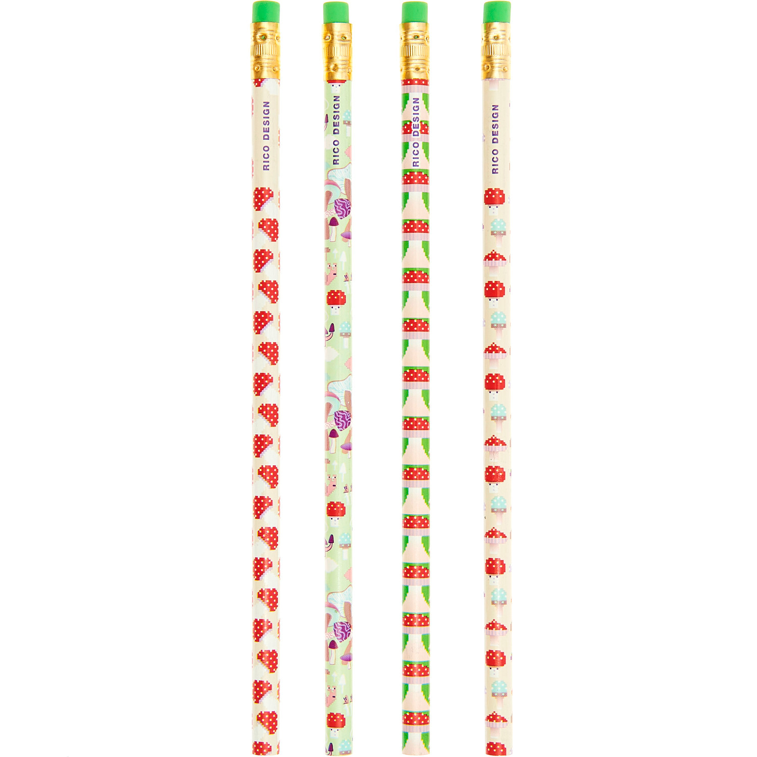 Paper Poetry Bleistift-Set Shrooom Big Reds, 4 Stück, von Rico Design mit bunten Pilzmotiven.