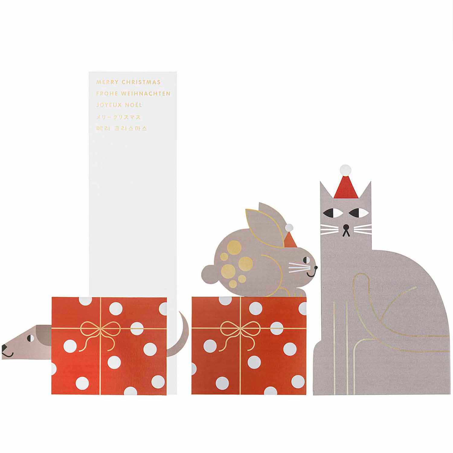 Paper Poetry Postkartendeko-Set Tiere 4 Stück zeigt stilisierte Tiere mit roten Geschenken. Perfekt für festliche Dekorationen von Rico Design.
