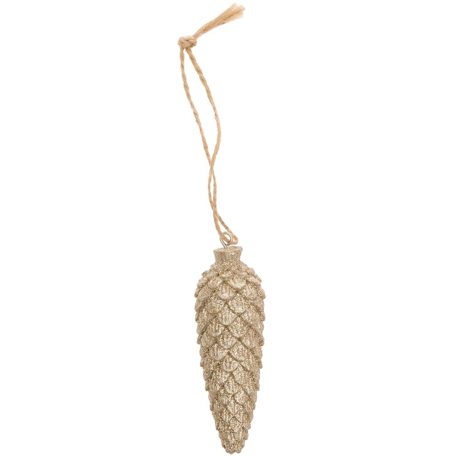 Hänger Zapfen aus Polyresin 3x8,5cm von Rico Design in Gold, ideal als eleganter Weihnachtsbaumschmuck.
