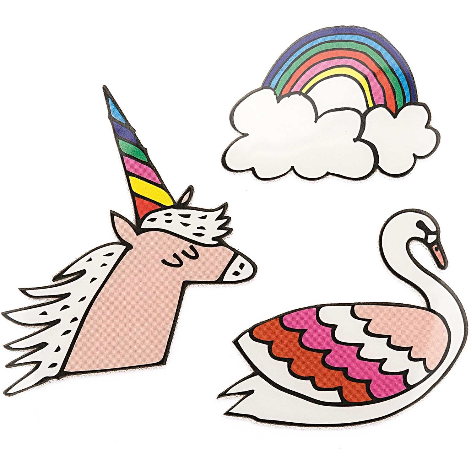 Bügelmotiv Set Einhorn-Regenbogen-Schwan 4cm zeigt ein Einhorn, einen Regenbogen und einen Schwan. Design von Rico Design, mehrfarbig.