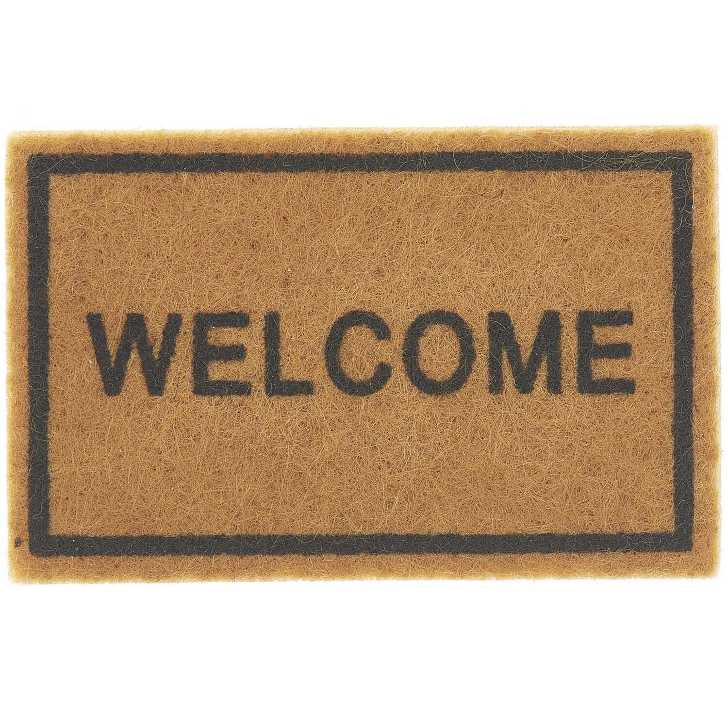 Miniatur Fußmatte 6x4cm von Rico Design mit "Welcome"-Schriftzug auf braunem Hintergrund. Ideal für Puppenhäuser.