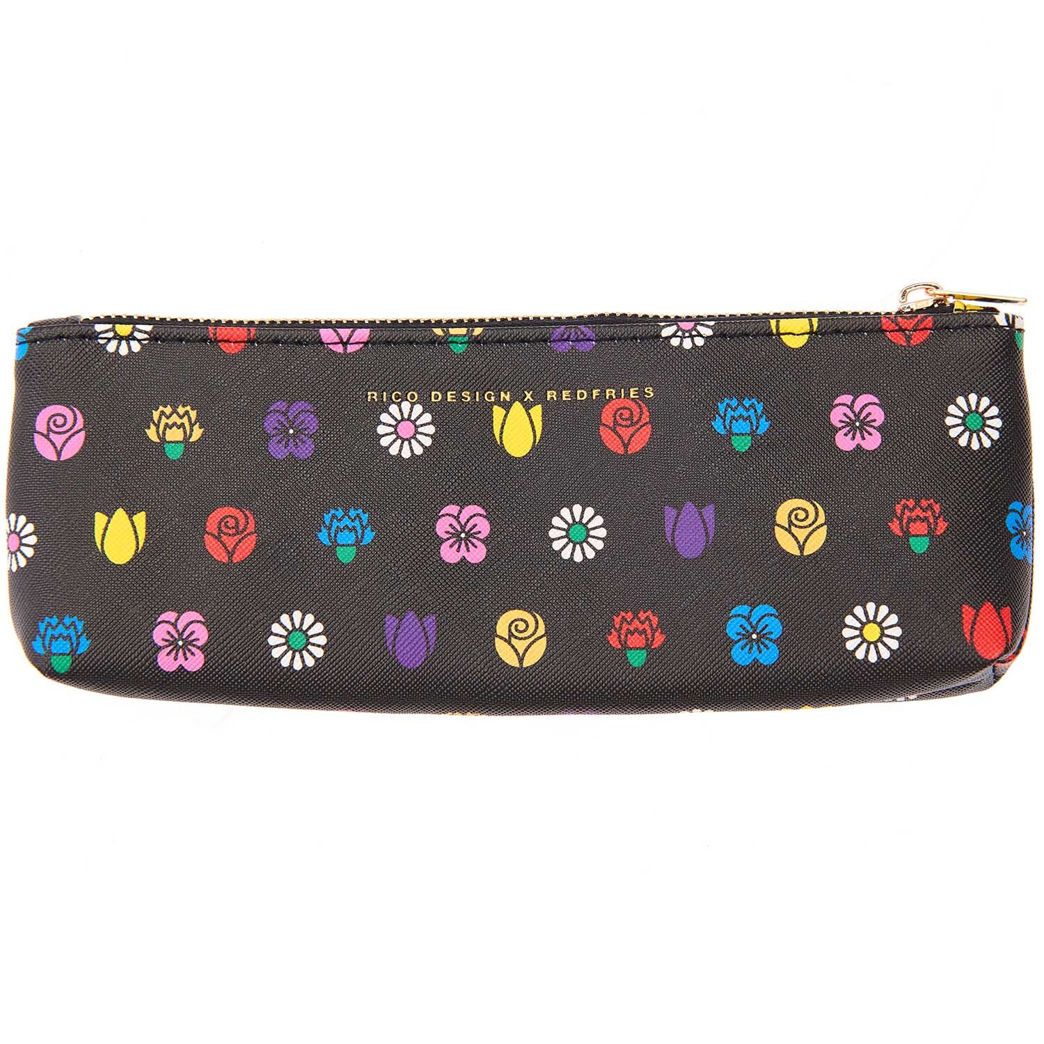 Rico Design x Redfries Etui mit bunten Blumenmustern auf schwarzem Hintergrund, 20x6,5 cm.
