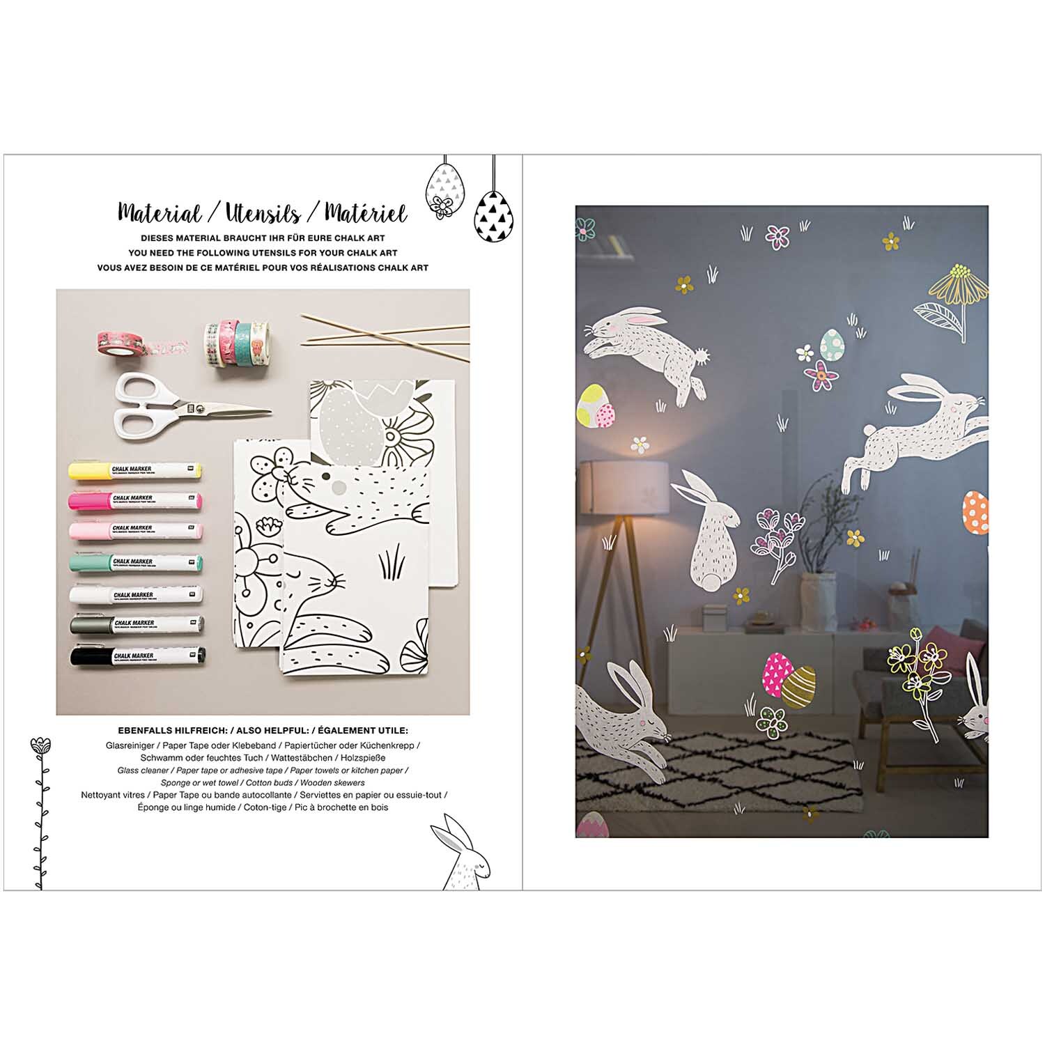 Vorlagenmappe Ostern Fenster- und Glasmalerei mit Kreidestiften von Rico Design Vorlagenmappe Ostern Fenster- und Glasmalerei mit Kreidestiften zeigt bunte Osterhasen und Blumen auf Glas. Markenname: Rico Design.