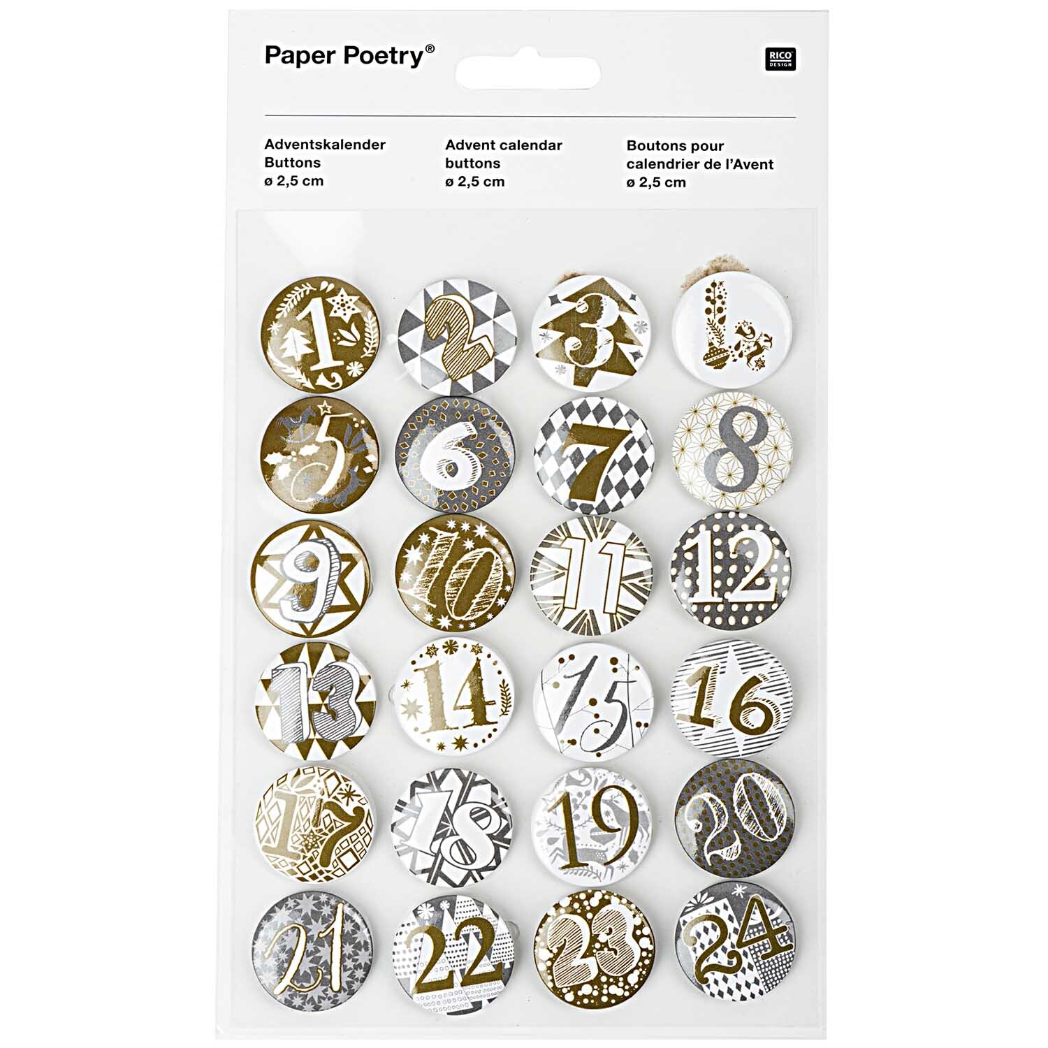 Paper Poetry Adventskalender Zahlen Buttons in Gold und Silber, 24 Stück, dekorativ angeordnet. Ideal für kreative Adventskalenderprojekte.