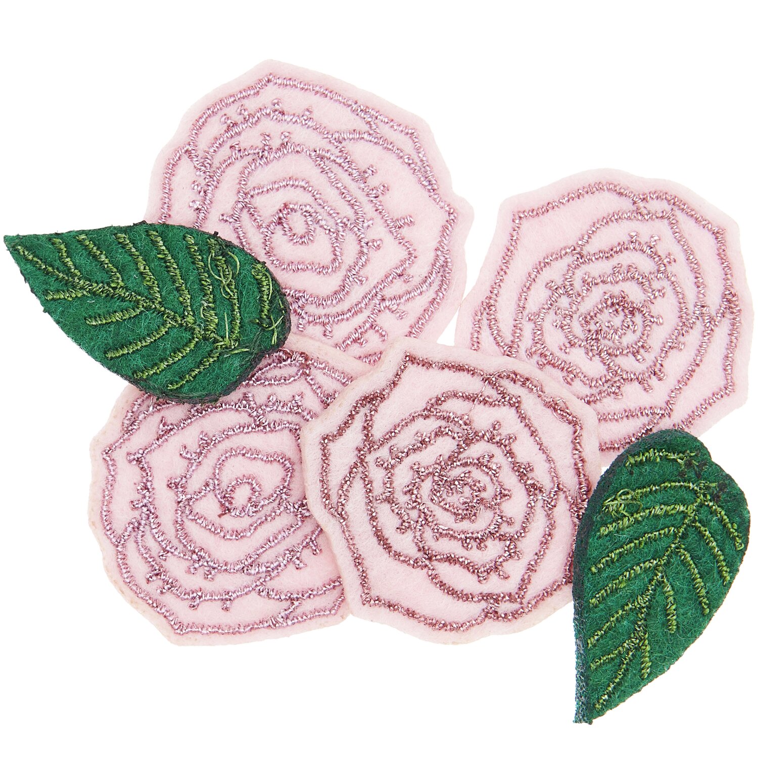 Filzstreu Rosen Rosa von Rico Design: Sechs rosa Filzrosen mit grünen Blättern, ideal für Dekorationen.