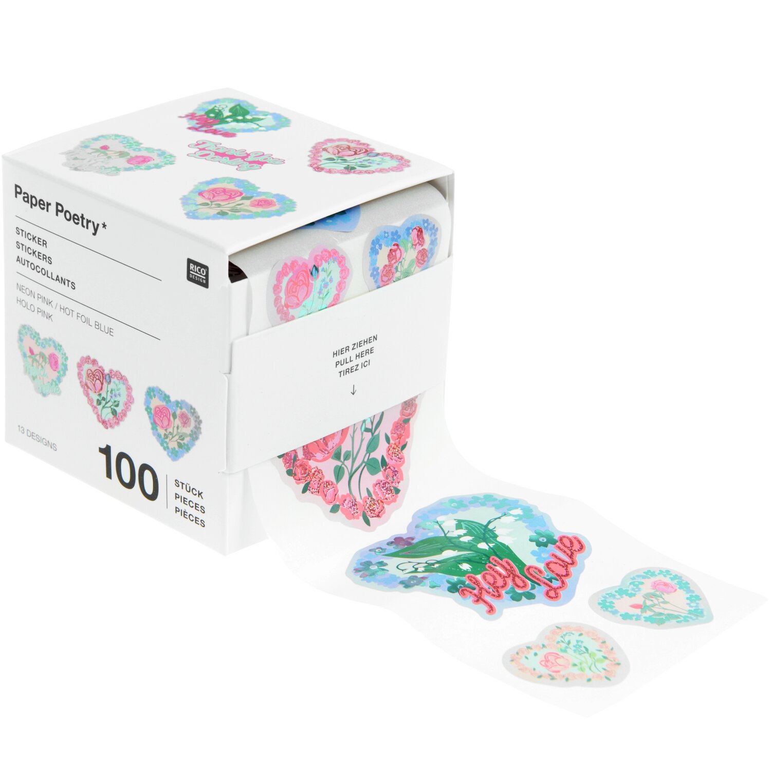 Paper Poetry Sticker Herzen, 100 Stück, mit bunten Herzmotiven in einer Box von Rico Design. Ideal für kreative Projekte und Dekorationen.