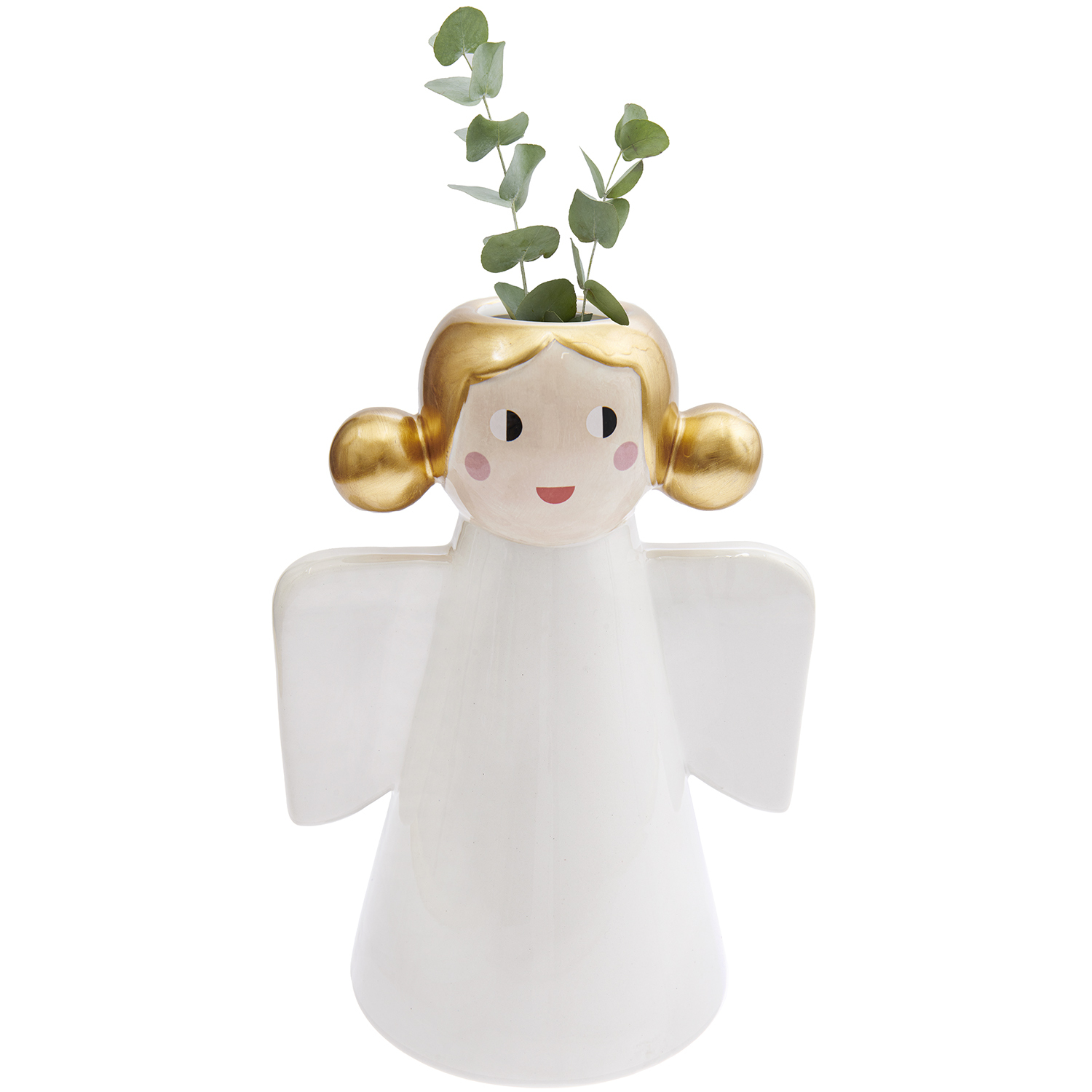 Keramik Vase Engel weiß 26,5cm von Rico Design Keramik Vase Engel von Rico Design in Form eines Engels mit goldenen Haaren und Pflanzen.