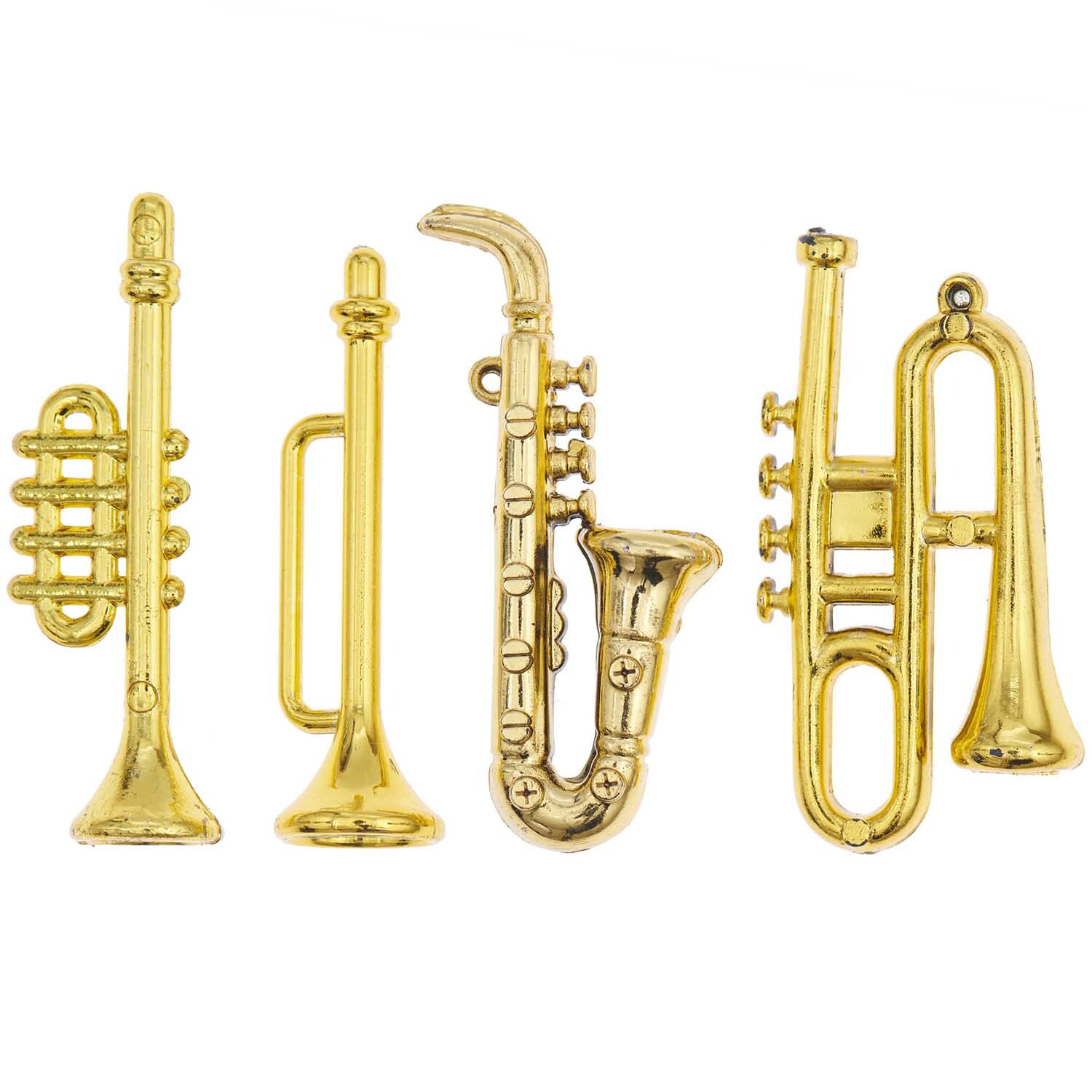 Miniatur Blasinstrumente 4 Stück von Rico Design in Gold, bestehend aus Trompete und Saxophon.