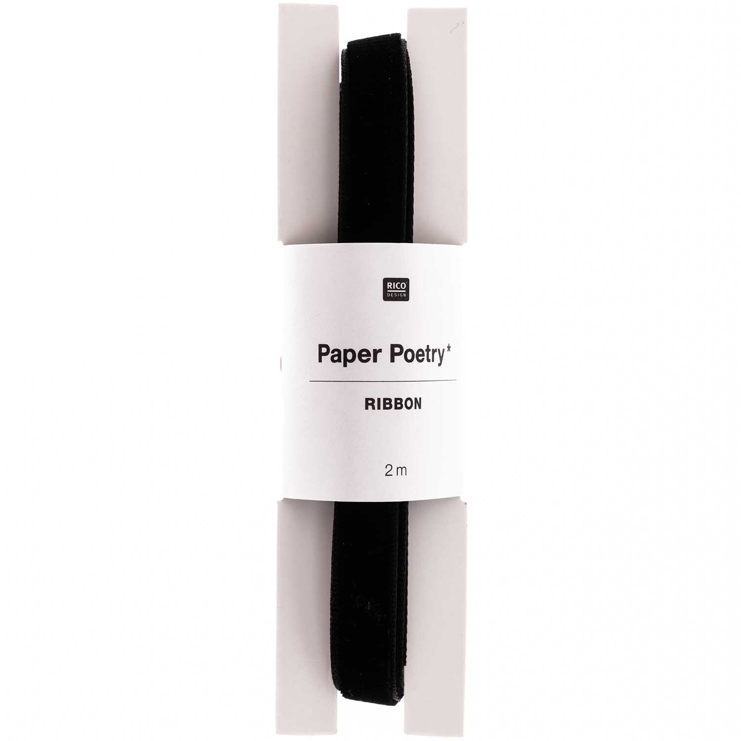 Paper Poetry Samtband 9mm 2m in elegantem Schwarz, präsentiert von Rico Design, auf weißem Hintergrund.