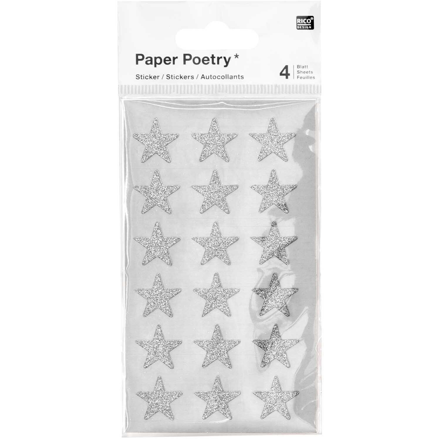 Paper Poetry Sticker Sterne Glitter silber 4 Blatt von Rico Design