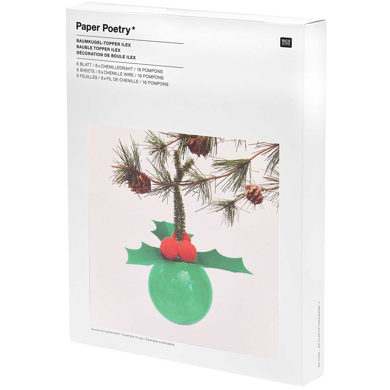 Paper Poetry Christbaumkugel-Topper mit Ilex-Motiv in Grün, 6 Stück, dekoriert mit roten Beeren und grünen Blättern. Ideal für festliche Dekorationen.