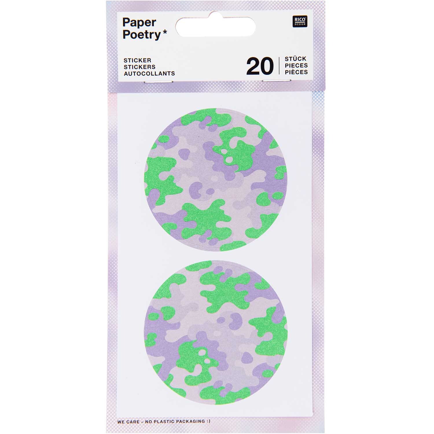 Paper Poetry Sticker Camouflage 4 Blatt: Runde Sticker mit grün-lila Tarnmuster von Rico Design. Ideal für kreative Projekte und Dekorationen.
