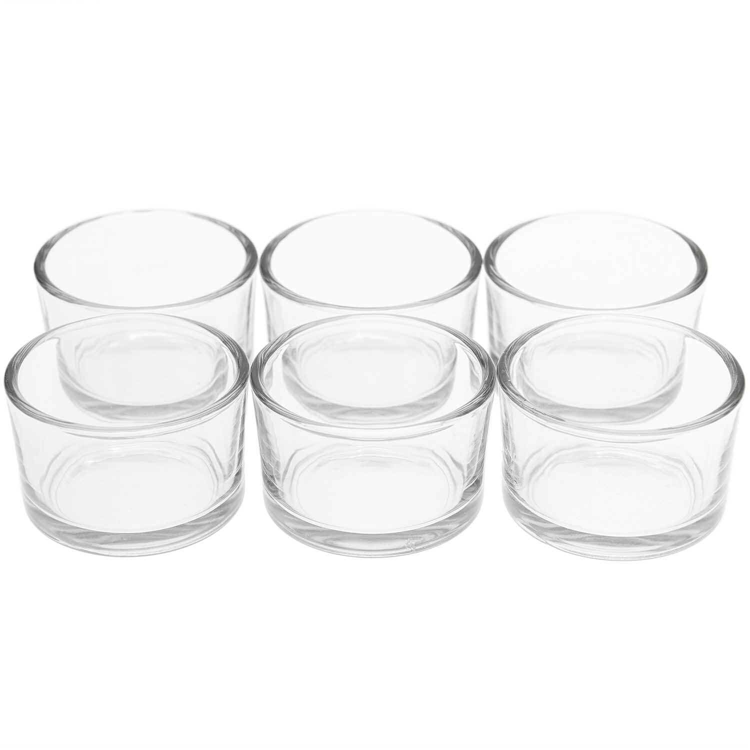 Teelichtgläser 5,2x3,3cm 6 Stück von Rico Design, transparent, in zwei Reihen angeordnet. Ideal für stimmungsvolle Beleuchtung.