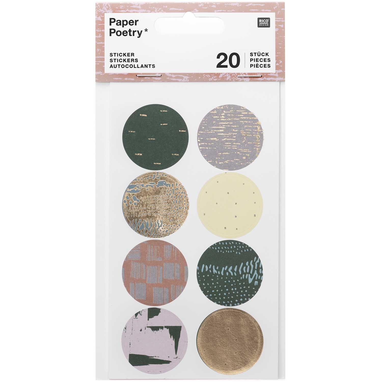 Paper Poetry Sticker Struktur grün 4 Blatt zeigt acht runde Sticker mit verschiedenen Mustern.