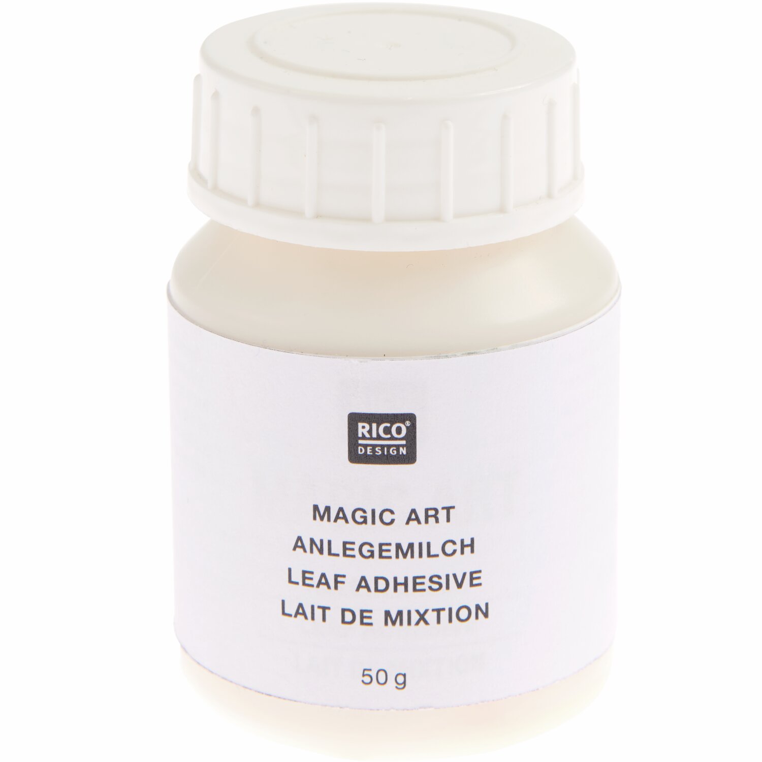 Anlegemilch für Blattmetall 50g von Rico Design, transparent, in einer weißen Flasche mit Schraubverschluss.