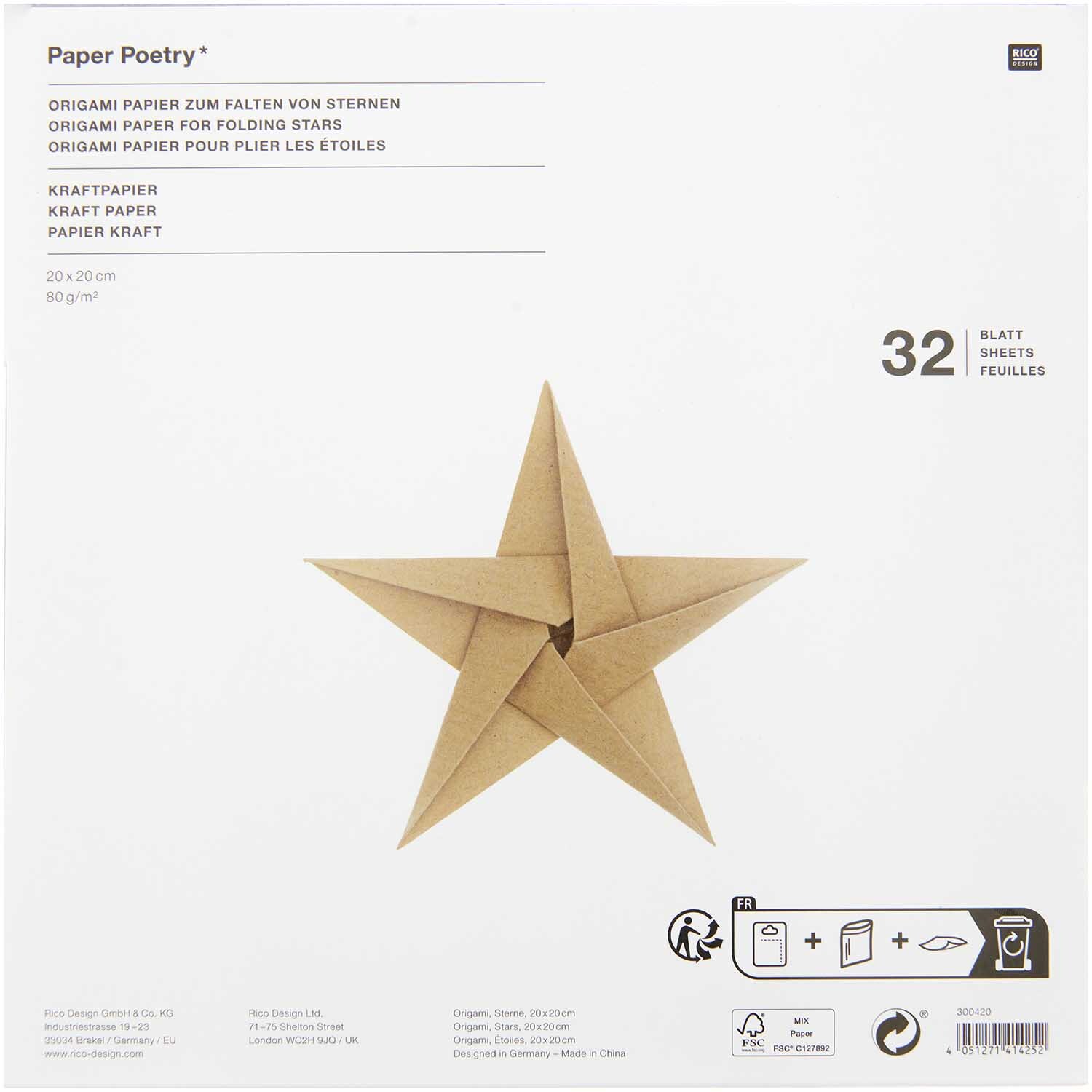 Paper Poetry Bascetta Origamipapier: 32 Blatt Kraftpapier für Origami-Sterne von Rico Design.
