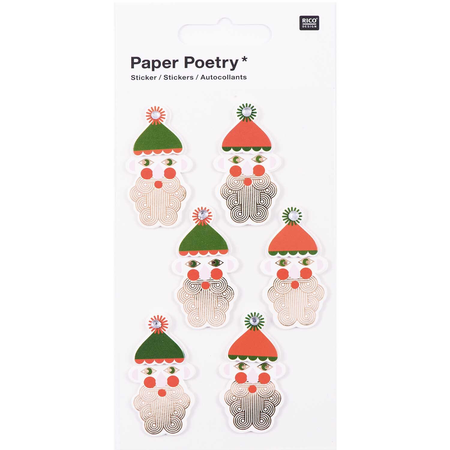 Paper Poetry 3D Sticker Nikolaus Hot Foil zeigt sechs Nikolaus-Sticker mit roten Mützen und goldenen Details von Rico Design.