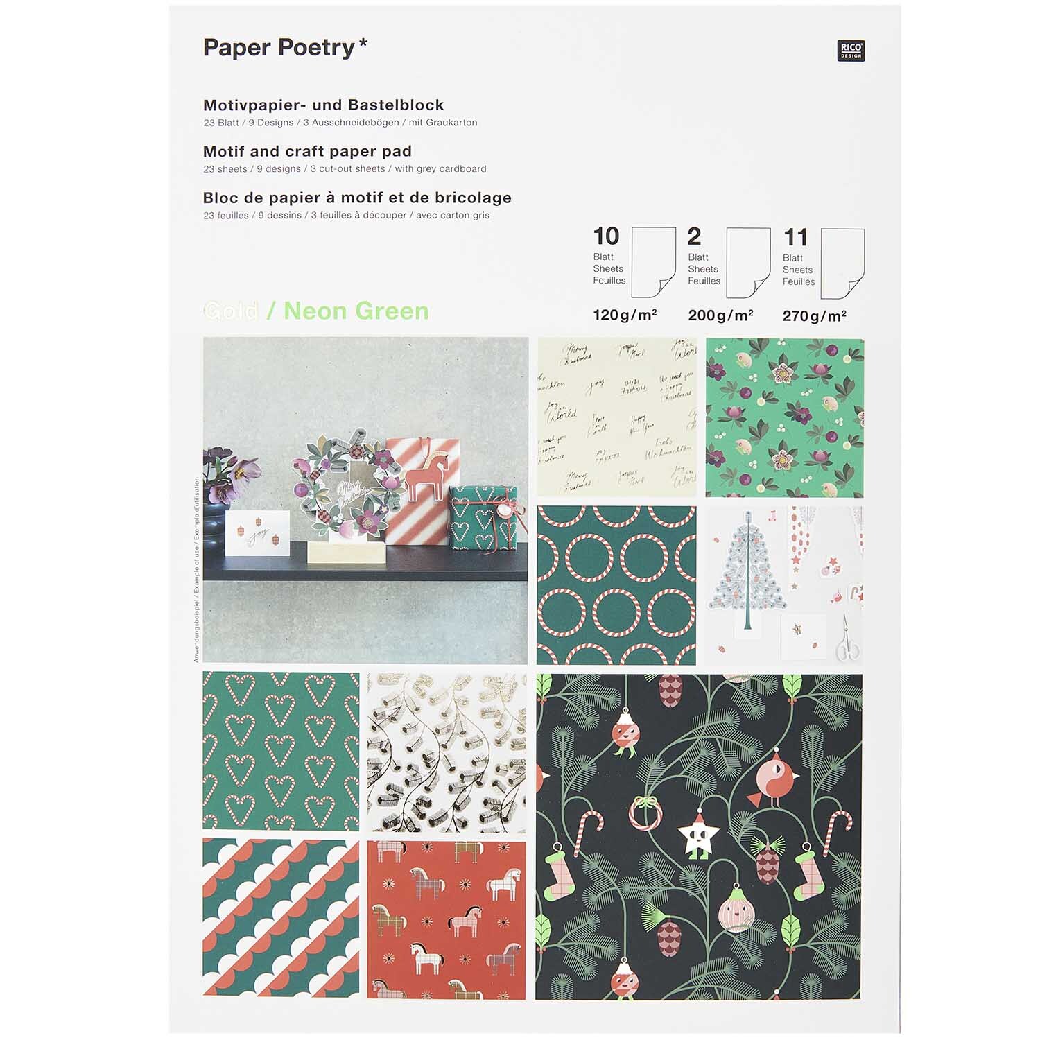 Paper Poetry Motivpapierblock Christmas Rocks! von Rico Design mit festlichen Mustern in Grün und Rot, ideal für kreative Bastelprojekte zur Weihnachtszeit.