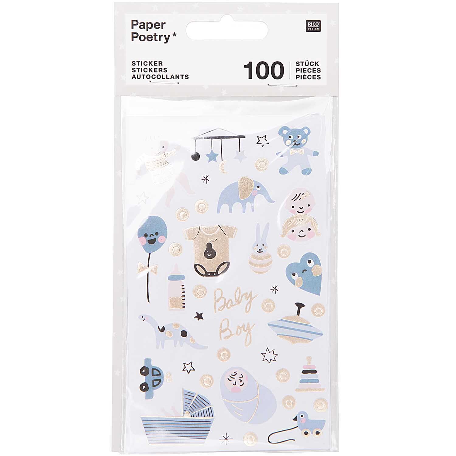 Paper Poetry Sticker Hello Baby Junge: Niedliche blaue und weiße Sticker mit Baby-Motiven von Rico Design.