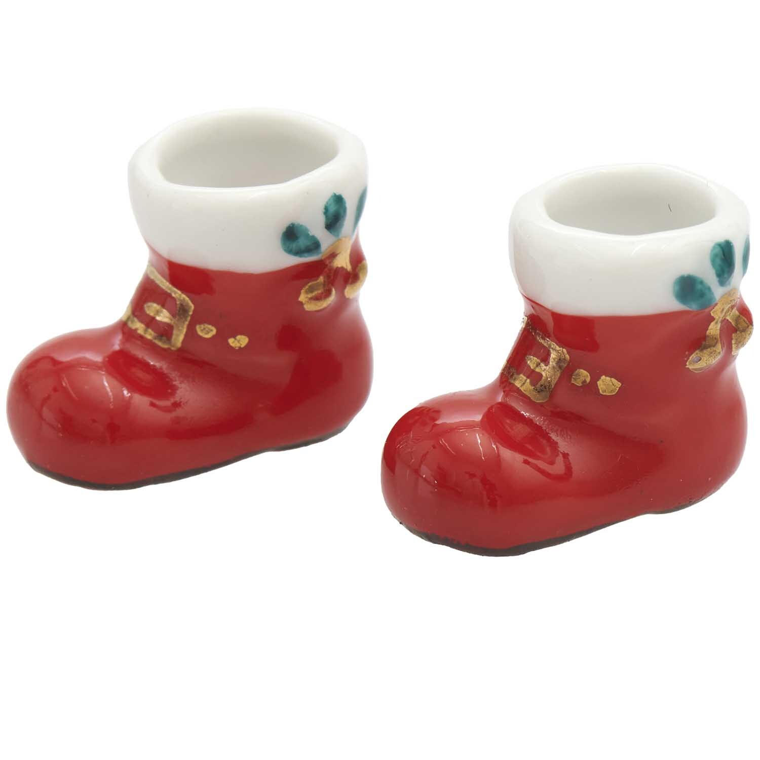 Miniatur Nikolausstiefel 2 Stück, rot, von Rico Design, mit goldenen Schnallen und grünen Akzenten.