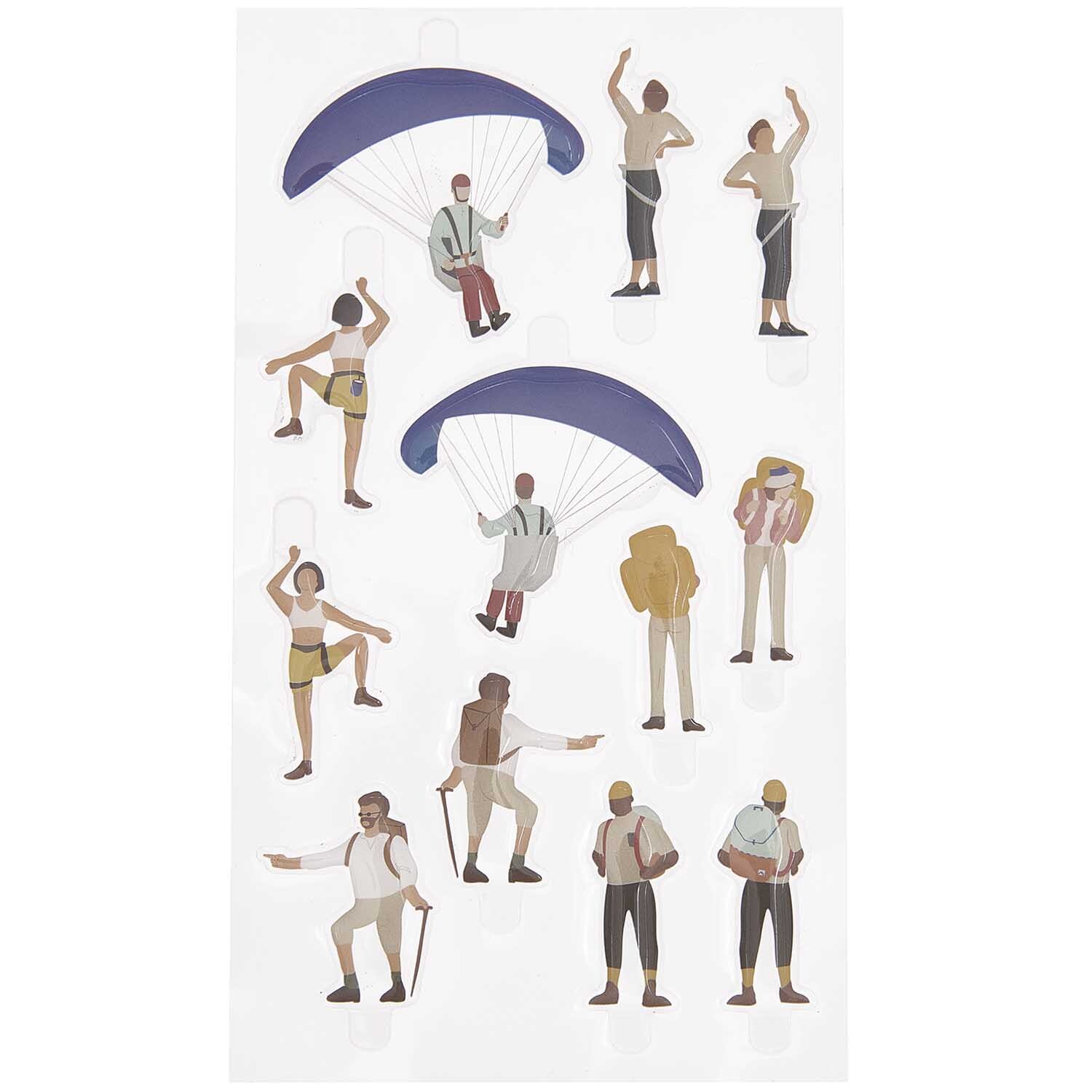 Figurico Gelsticker Outdoor Aktivitäten zeigen bunte Figuren beim Wandern und Paragliding.