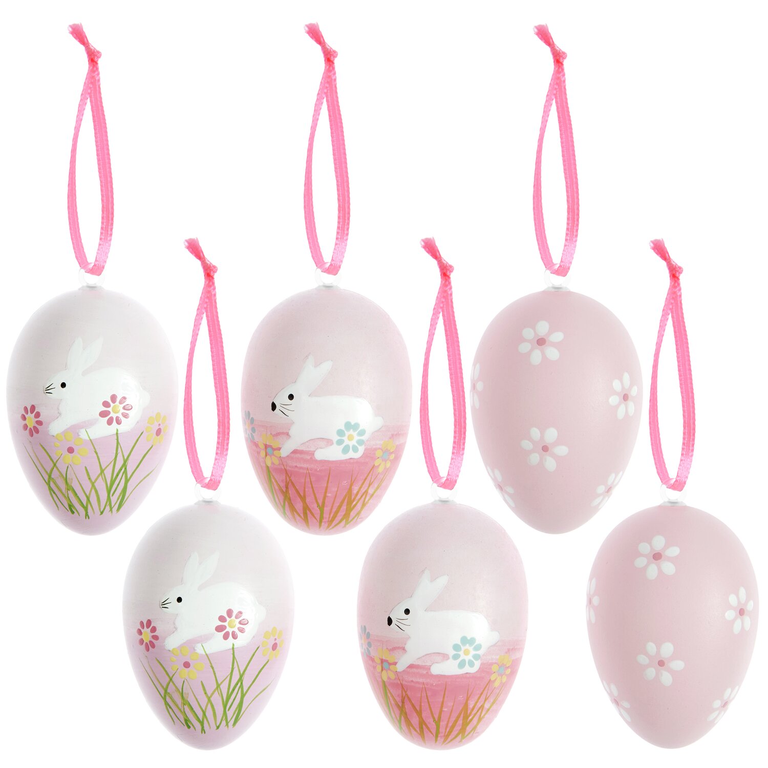 Deko-Eier Rosa: Sechs dekorative Eier mit Hasen- und Blumenmotiven, Ø4x6cm, ideal für Ostern.