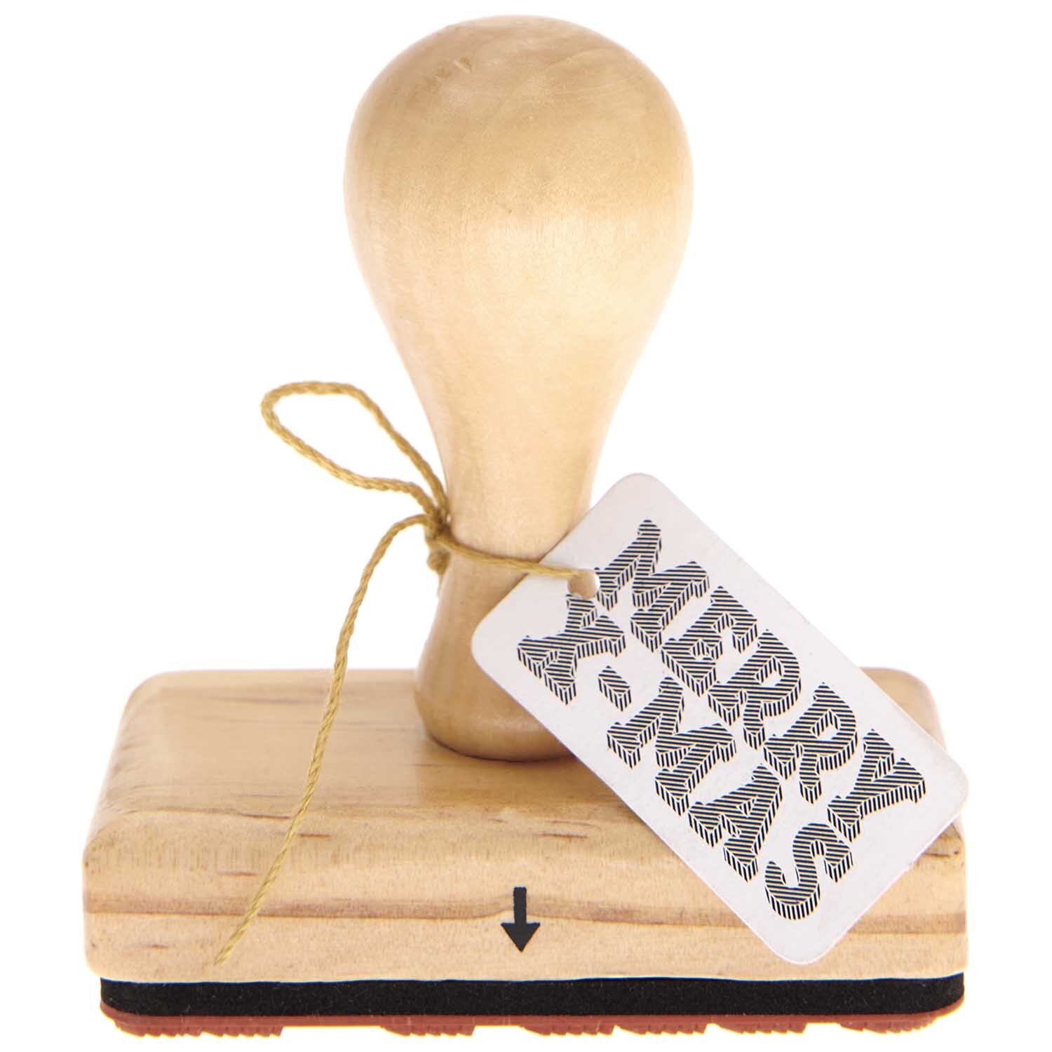 Stempel Merry X-MAS 7,5x4cm von Rico Design aus Holz mit Griff und Etikett, ideal für festliche Bastelprojekte.