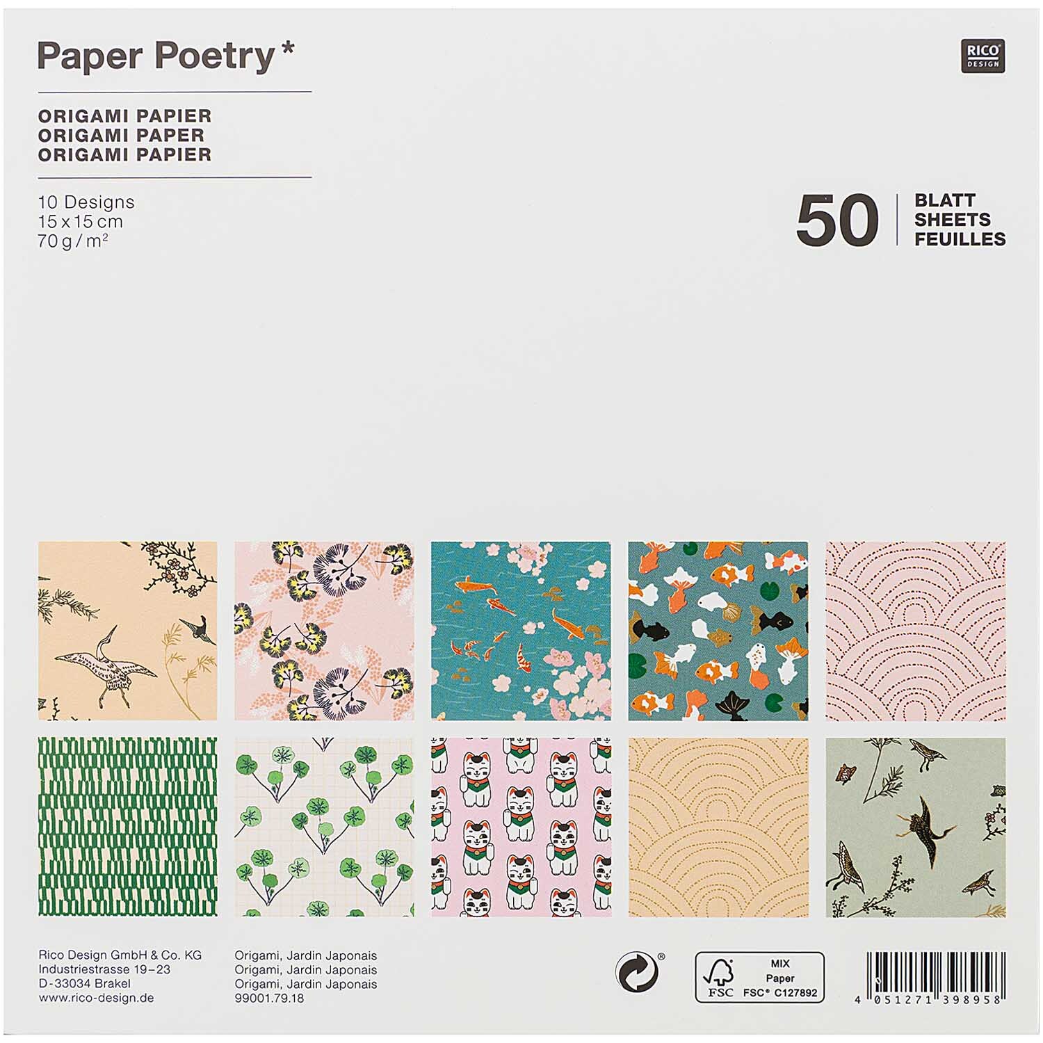 Paper Poetry Origami Jardin Japonais zeigt 10 Designs auf 15x15cm Papier, 50 Blatt, von Rico Design.