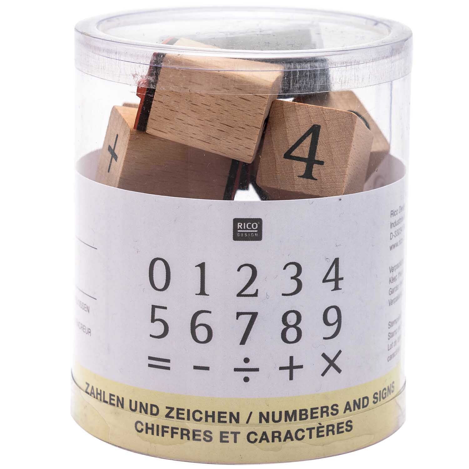 Stempelset Zahlen 2x2cm 15 Stück in einer transparenten Dose, mit schwarzen Zahlen von Rico Design.