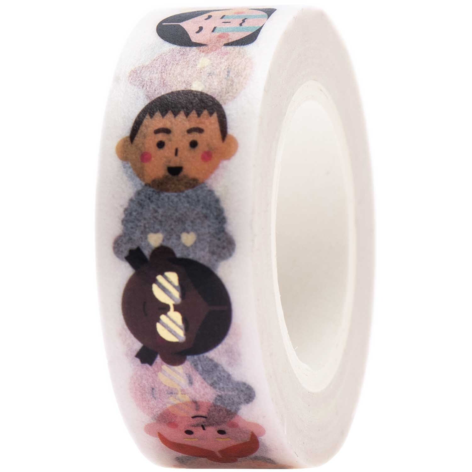 Paper Poetry Tape Gesichter 1,5cm 10m zeigt bunte Gesichter auf weißem Hintergrund, ideal für kreative Projekte. Marke: Rico Design.