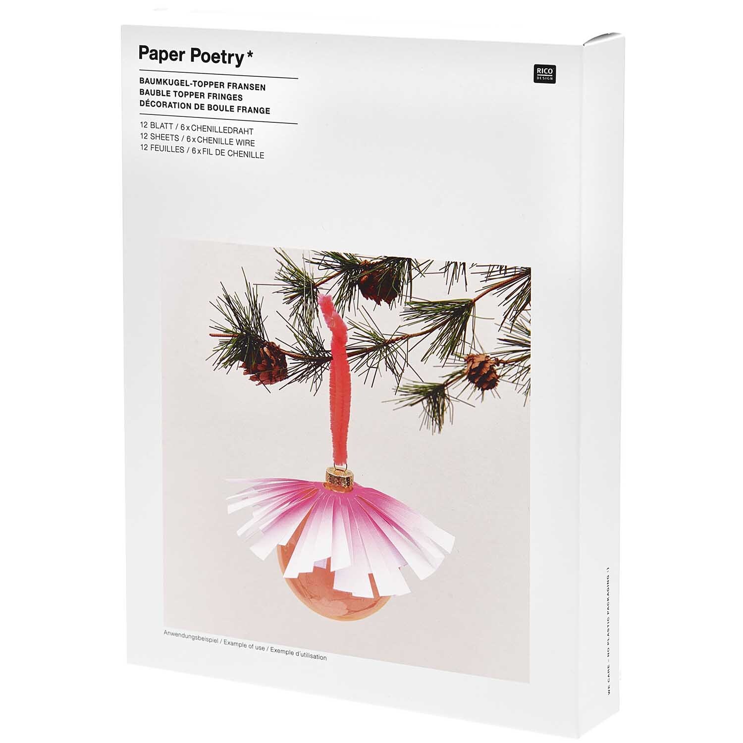 Paper Poetry Christbaumkugel-Topper mit Fransen in Weiß und Neonpink, 6 Stück, dekoriert an einem Tannenzweig. Ideal für festliche Dekorationen.