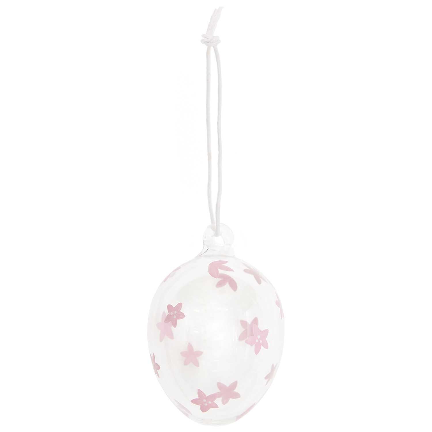 Glas Ei Kirschblüte handbemalt Ø 6cm von Rico Design, verziert mit rosa Blütenmotiven, hängend an weißer Schnur.
