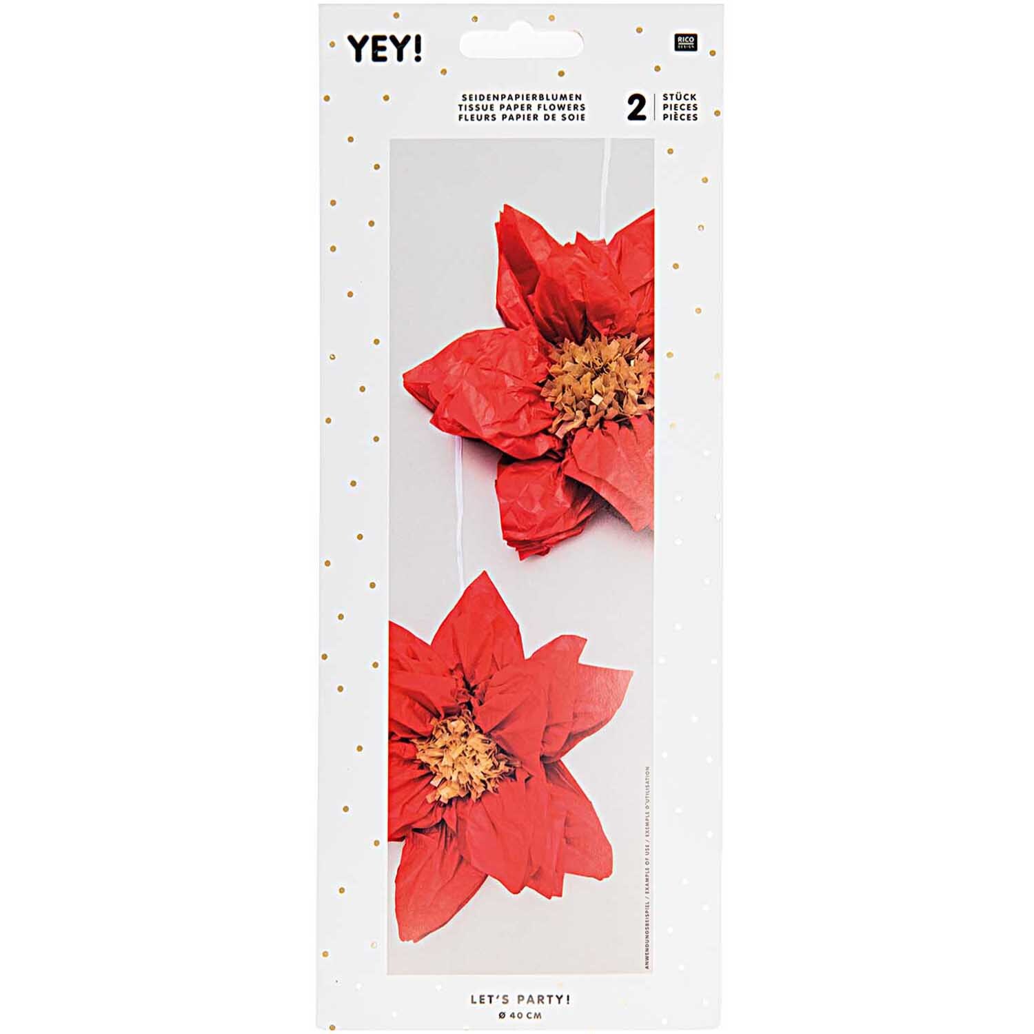 Seidenpapierblumen Weihnachtsstern 40cm, zwei rote Blumen von Rico Design in einer Verpackung.