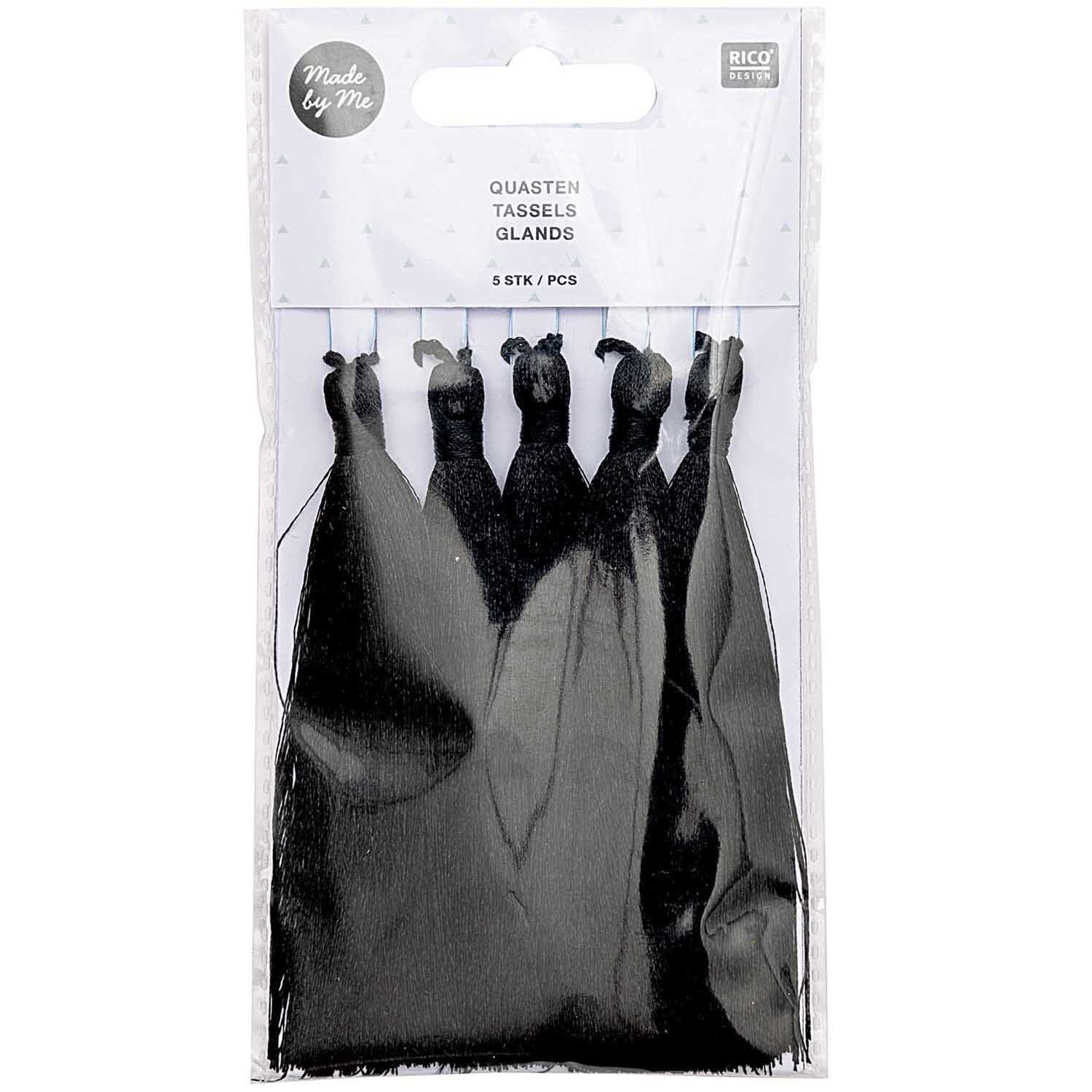 Quasten fein 9cm 5 Stück Farbe Schwarz von Rico Design Quasten fein 9cm 5 Stück von Rico Design in Schwarz, verpackt in einer transparenten Tüte. Ideal für kreative Projekte.