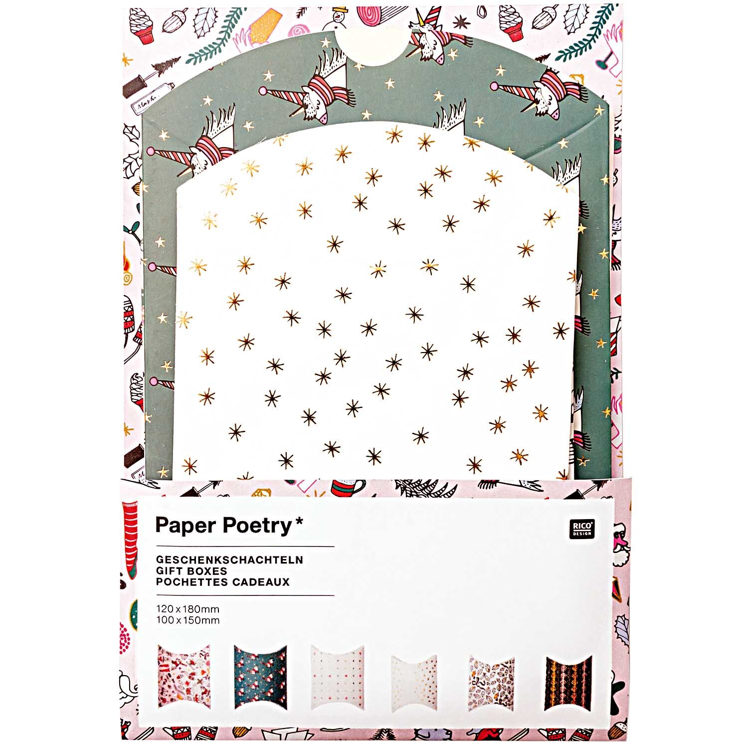 Paper Poetry Geschenkschachteln Magical Christmas, 6 Stück, mit weihnachtlichen Mustern und Farben von Rico Design. Ideal für festliche Geschenke.