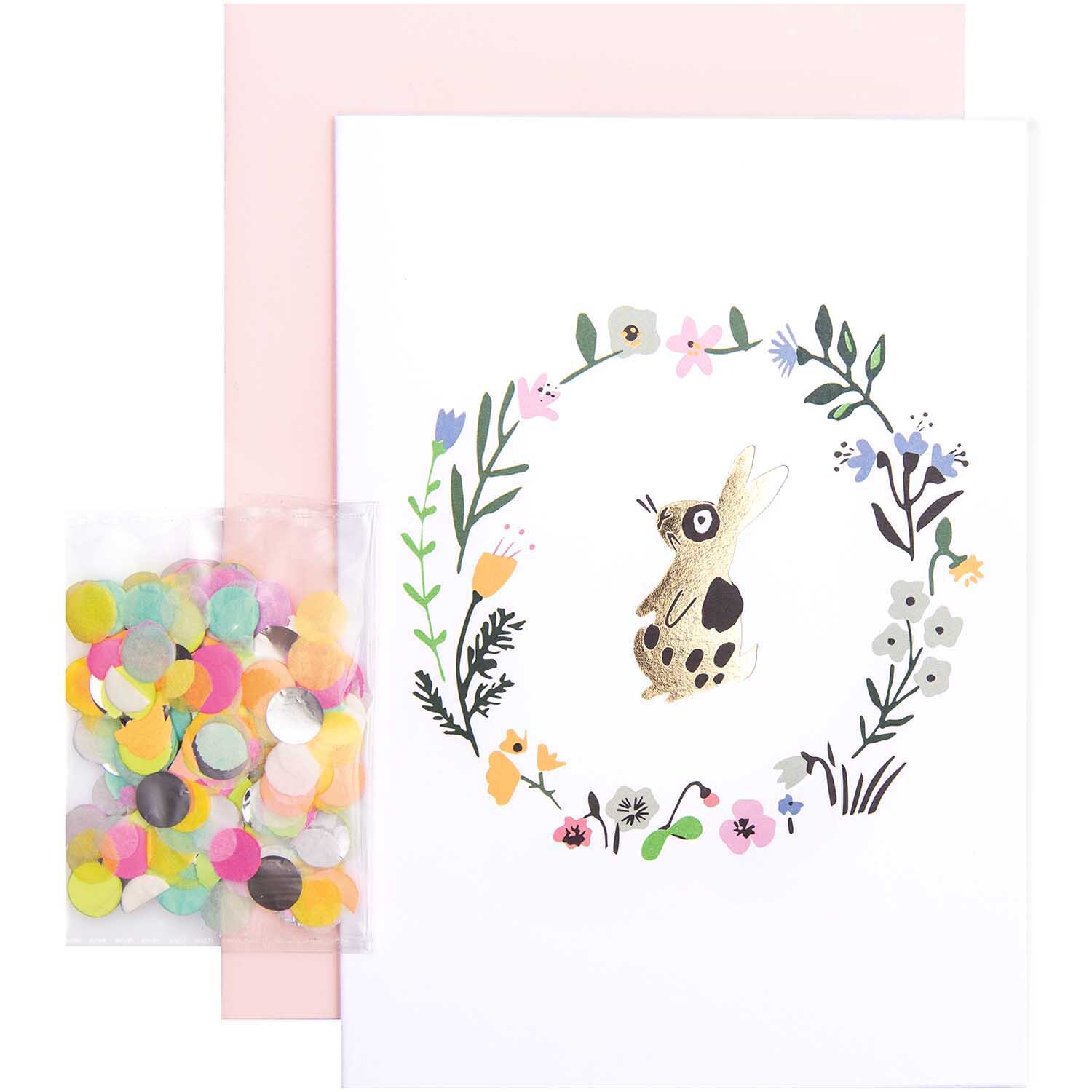 Paper Poetry Grußkartenset mit Hase im Blumenkranz, inklusive bunter Konfetti von Rico Design.