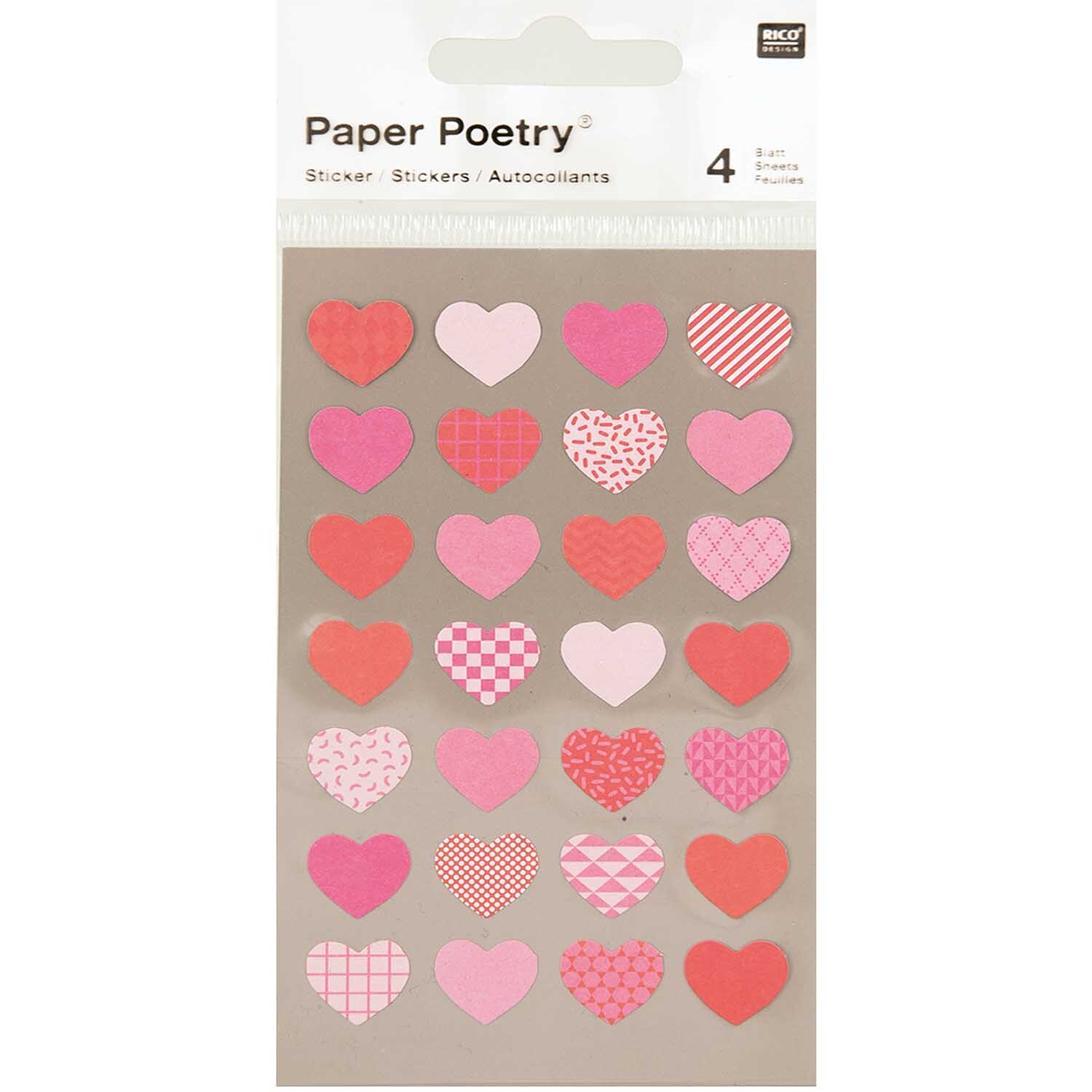 Paper Poetry Sticker Herzen mehrfarbig, 4 Bogen von Rico Design. Verschiedene Herzmuster in Rosa- und Rottönen auf grauem Hintergrund.