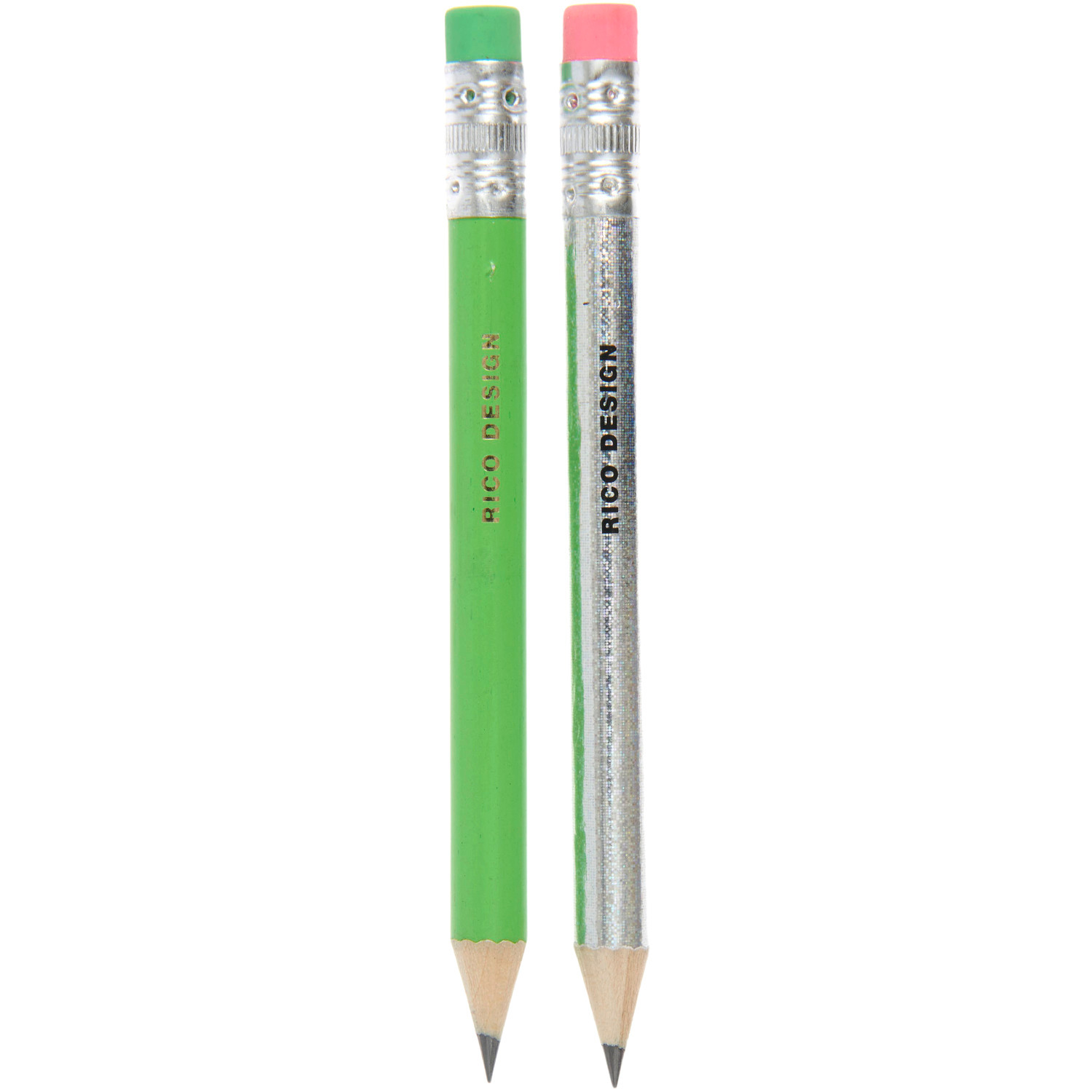 Mini-Bleistiftset Grün/Silber, 2 Stück von Rico Design. Ein grüner und ein silberner Bleistift mit Radiergummi.